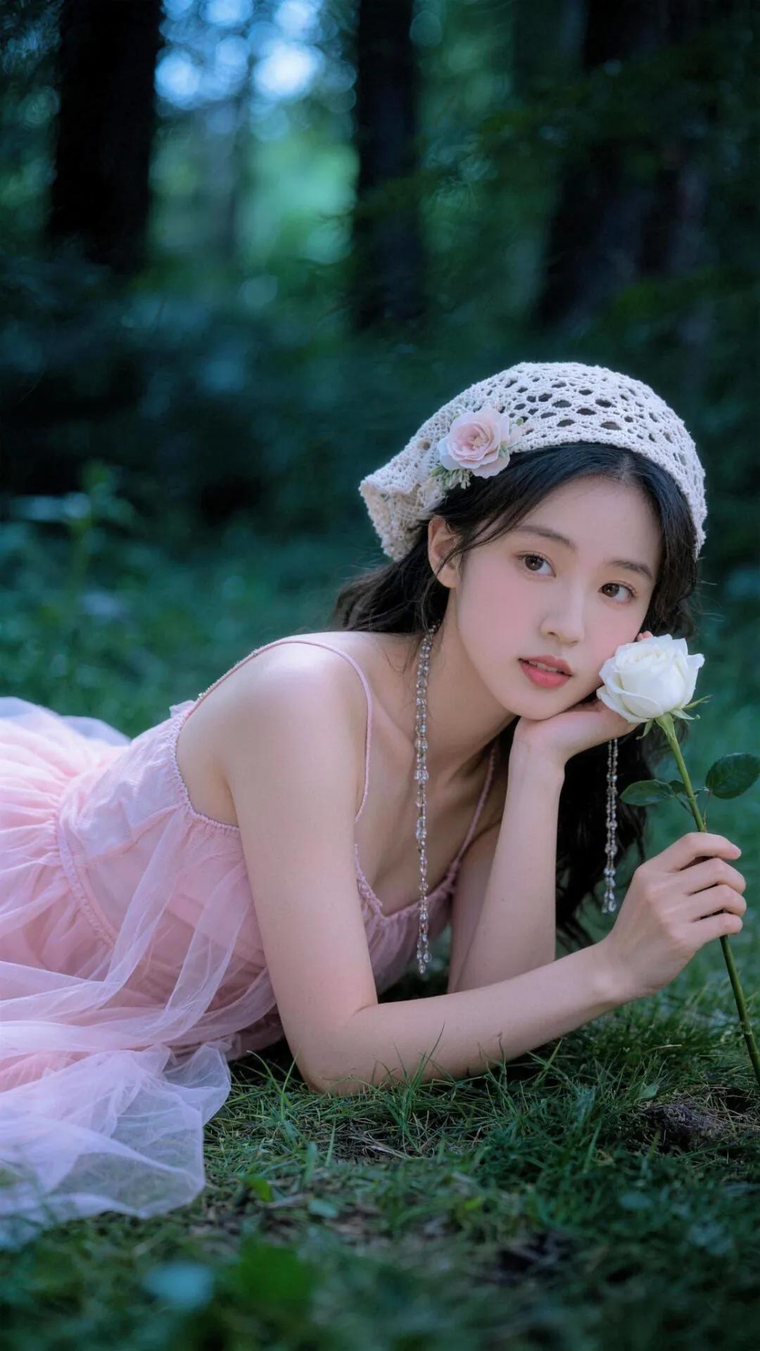 花间少女，手捧玫瑰，梦回古风。