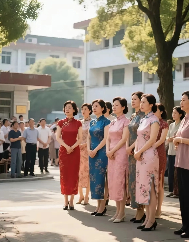 现在孩子高考可把家长忙坏了。旗袍、马褂、向日葵就不多说了。还有穿紫色衣服的，