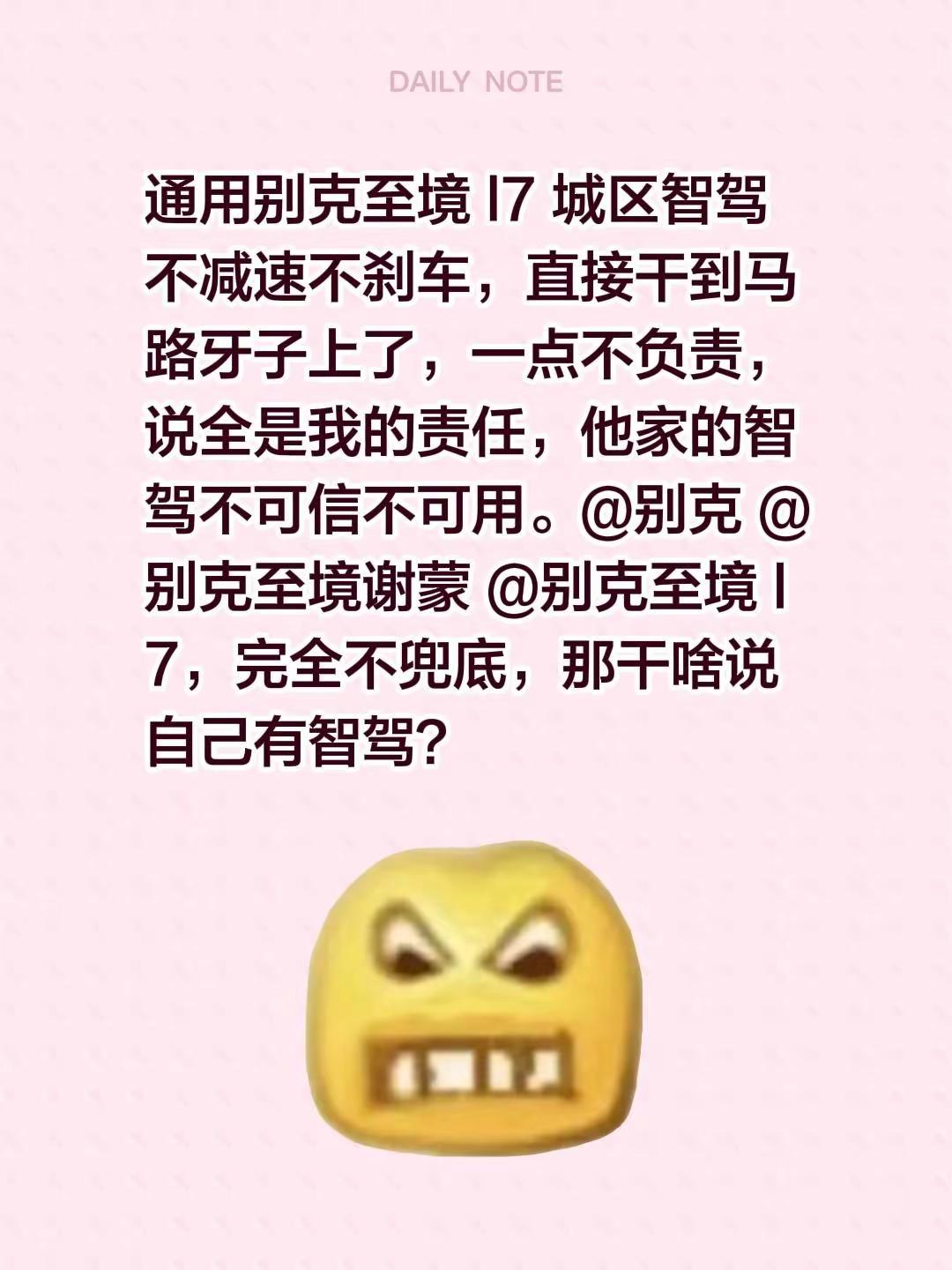 通用别克至境l7城区智驾不减速不刹车，直接干到马路牙子上了，一点不负责，说全是我的责任，他家的智驾不