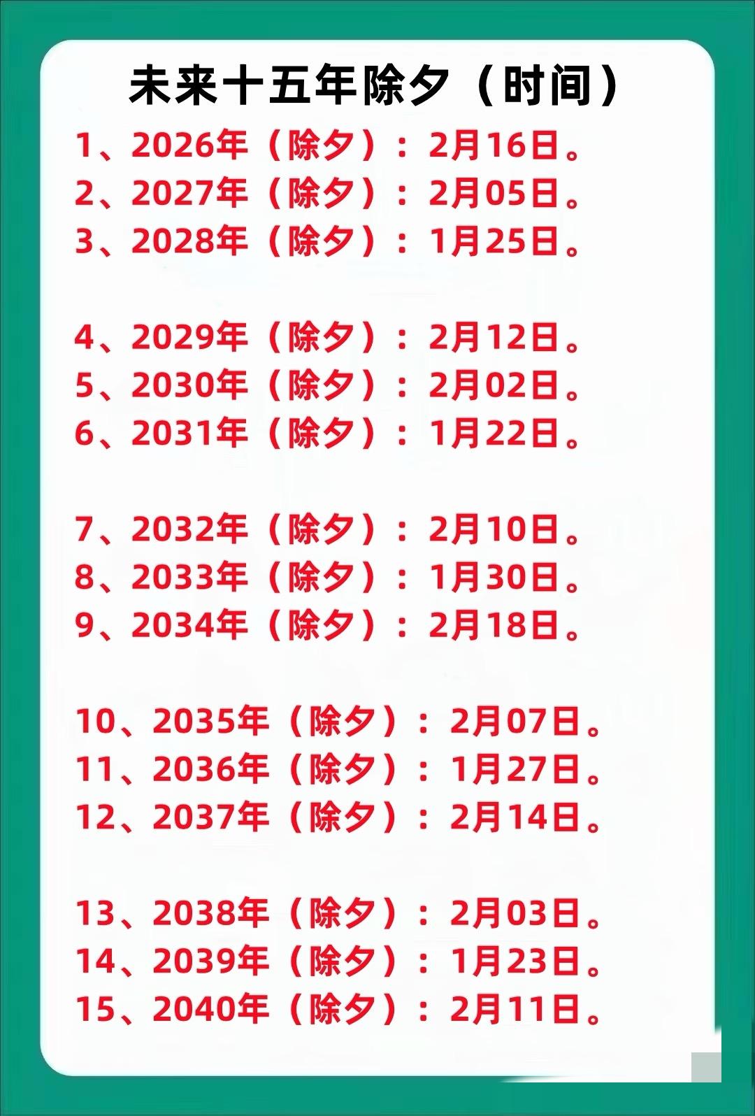 未来15年除夕时间。现在过年跟平常时候没区别，我只记得小时候过年漫天的烟花，