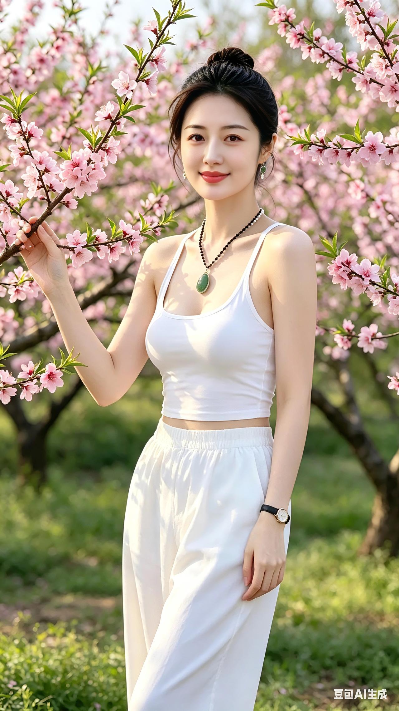 满园桃花灼灼开，白衣佳人立花台。手捻花枝浅浅笑，眉眼温婉好气韵。春风拂过