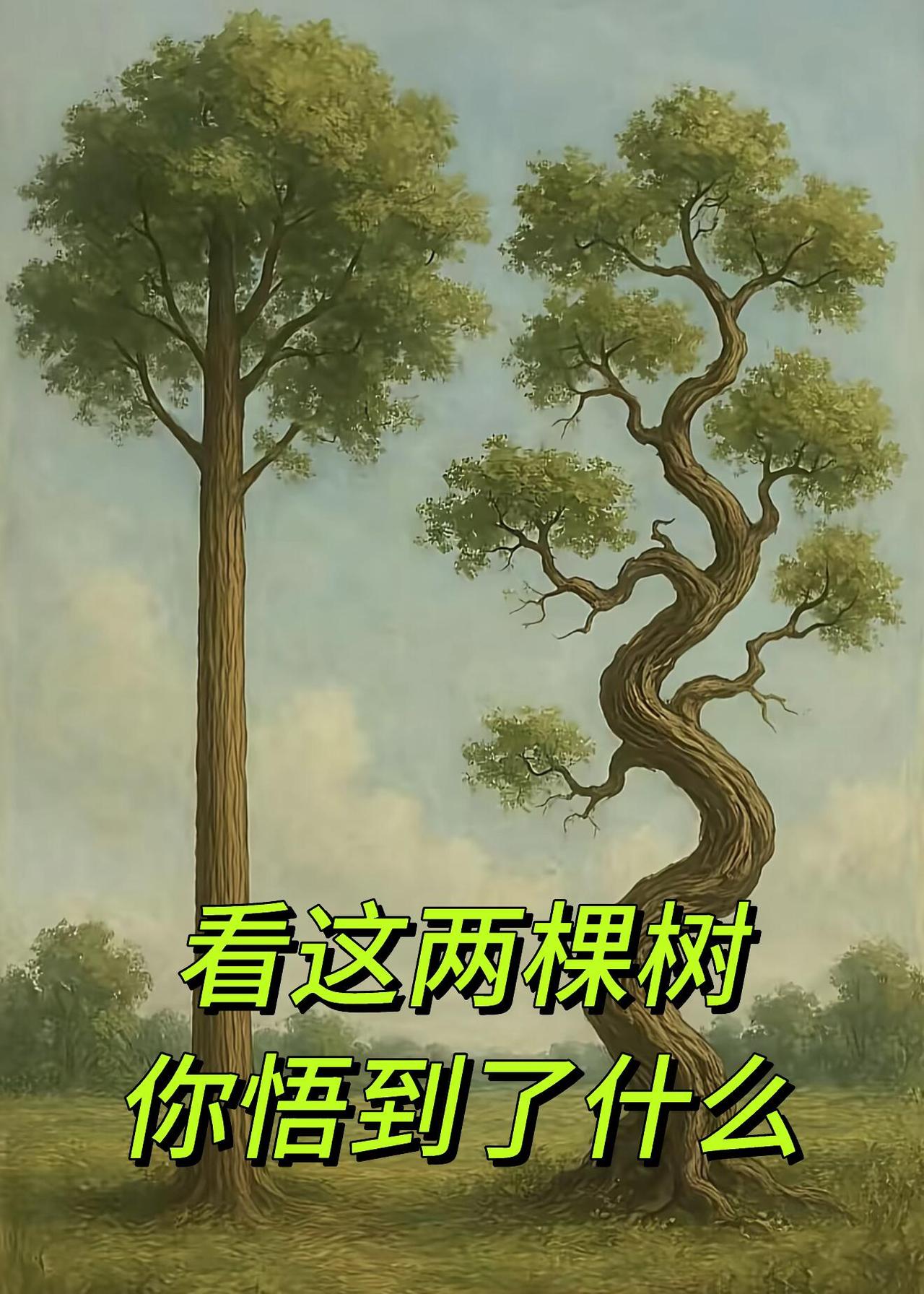看这两棵树，你悟到了什么？一颗笔直生长，另一颗扭曲生长，看到这你悟出什么？