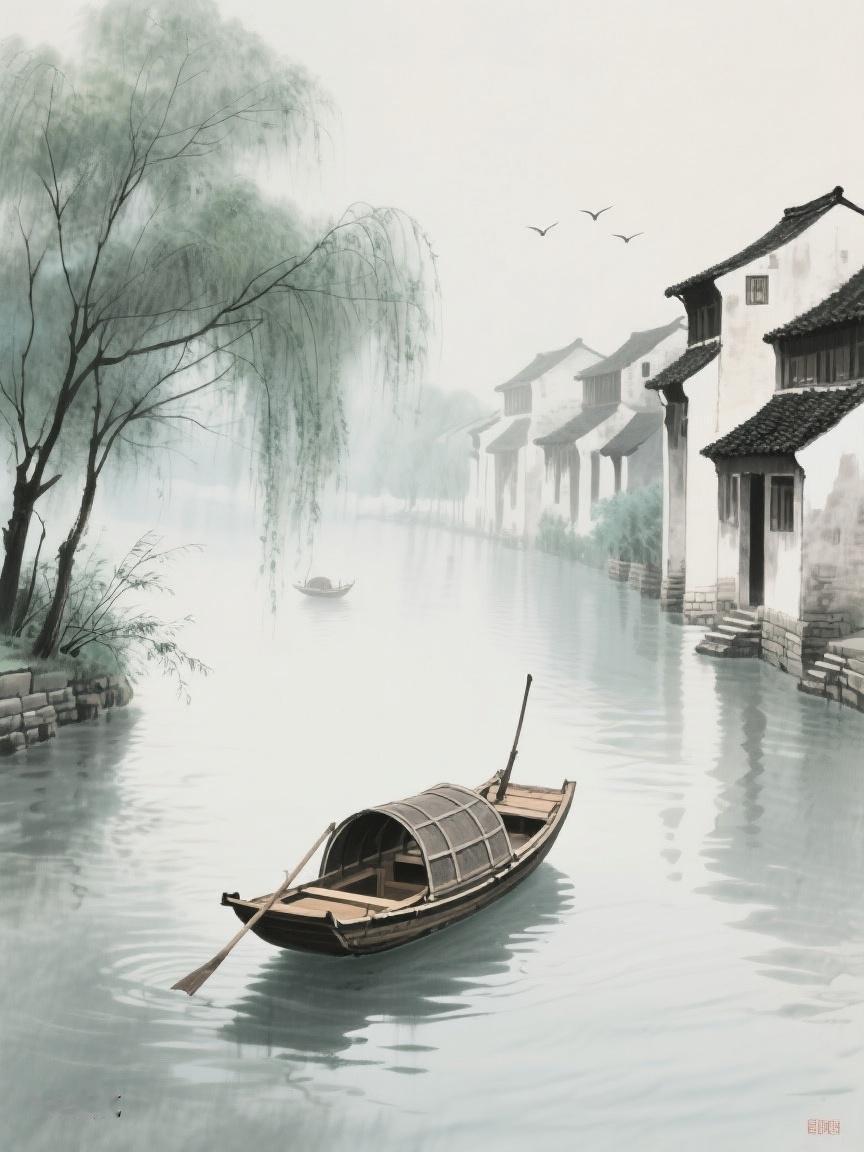 AI妙生图水墨江南，小船静泊于如烟碧水间，时光在此处慢了，愿你也寻得这般静谧一隅