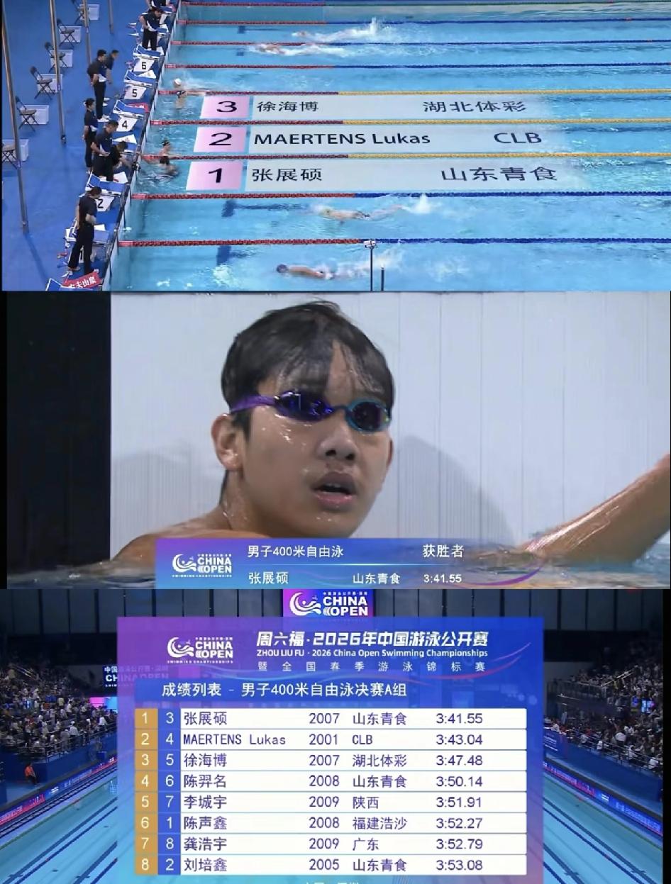 张展硕400自夺冠再次刷新pb！400米自游泳中张展硕以3:41.55的成绩