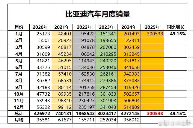 比亚迪2025年1月销量300538辆，同比+49.15%。中国第一！！！其他车