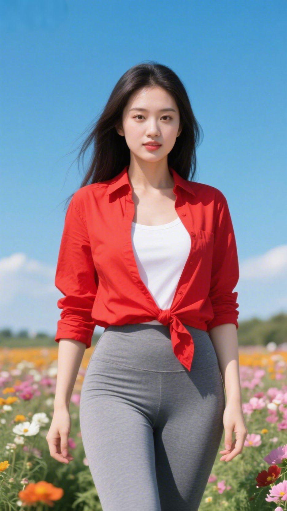 花田风里的红衫夏风裹着暖香漫过花田，撞进那抹鲜亮的红里——衬衫松松系在腰侧