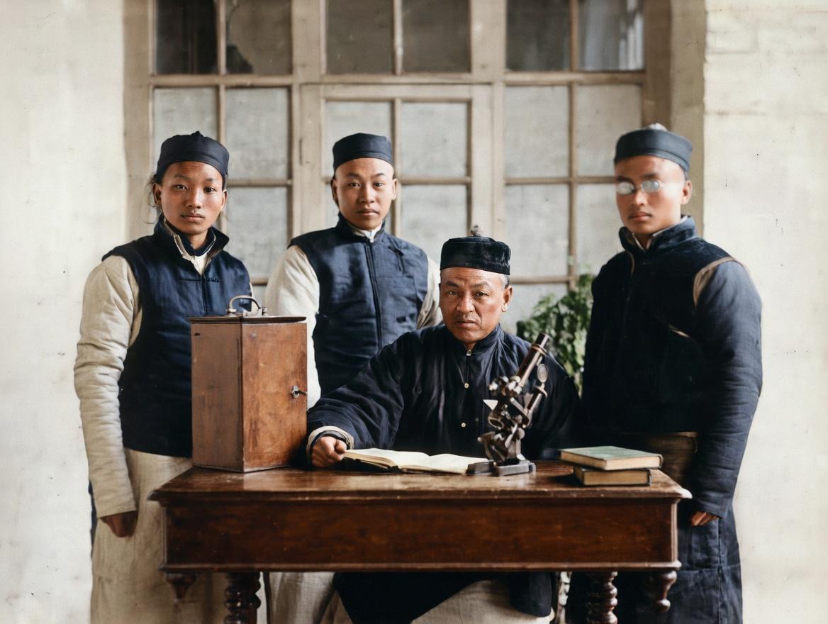 清末，一位新式学堂的西学先生，正用一台当时最先进的西式显微镜，给学生们讲授微观世