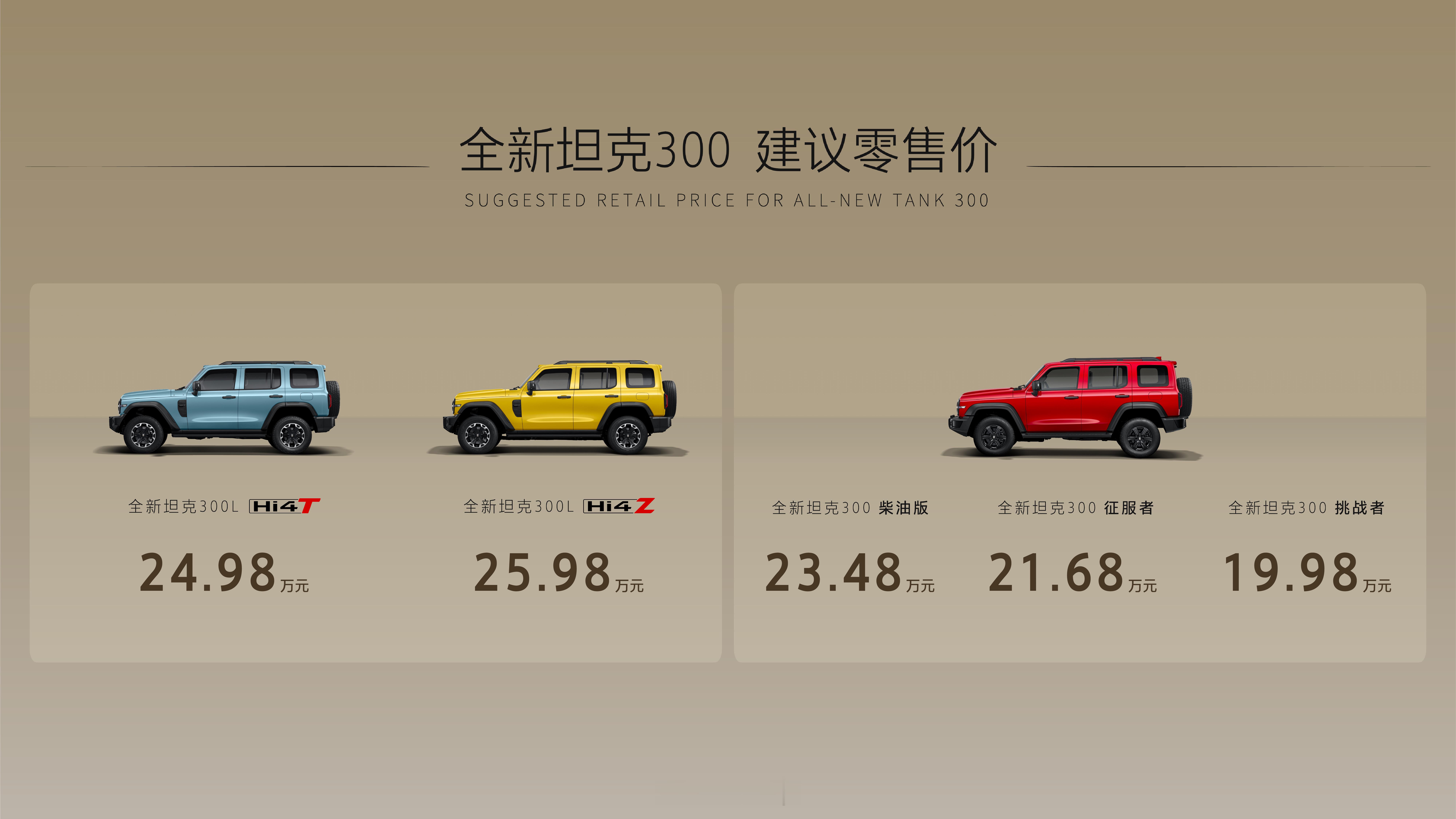 全新坦克300来了，燃油版19.98万起。插混车型，Hi4-T非解耦四驱负责硬派