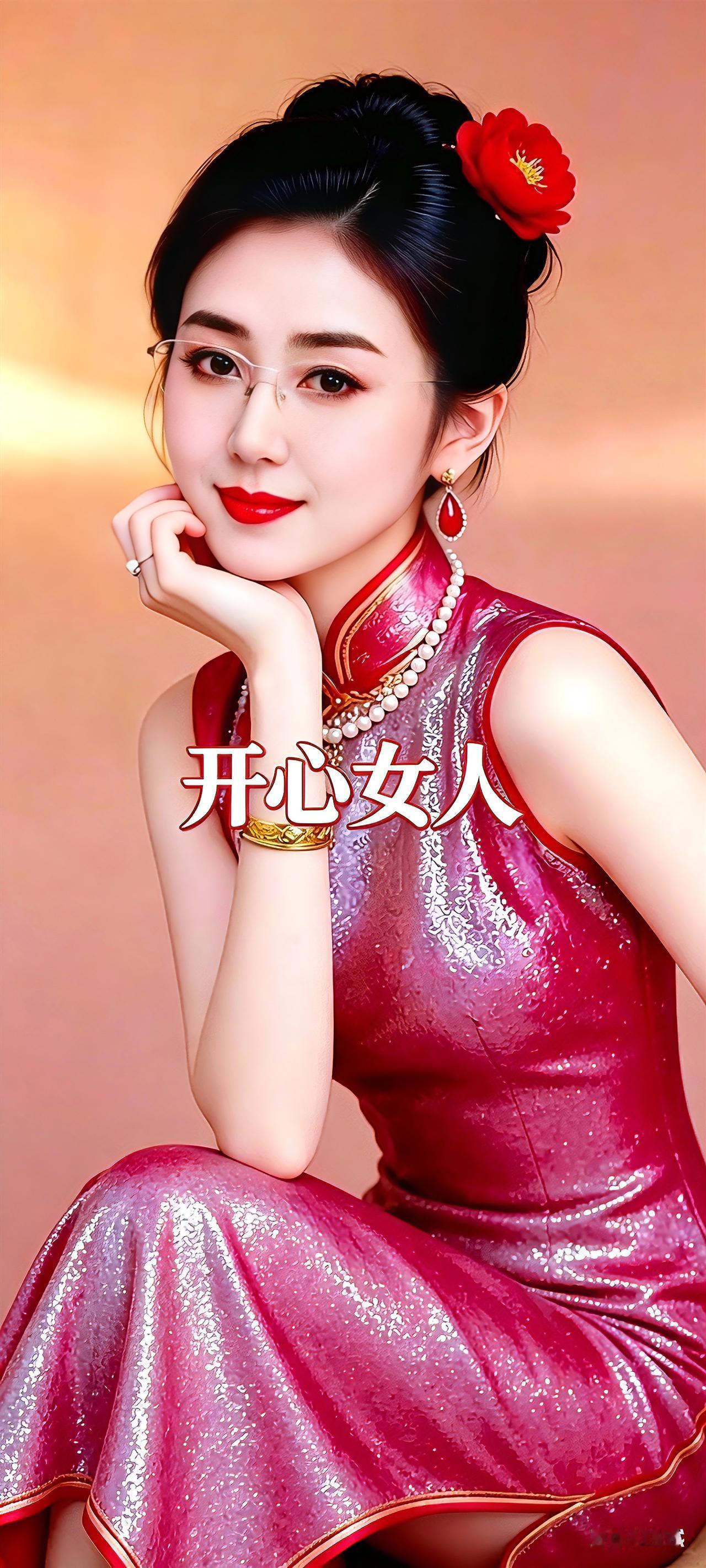 一身红亮旗袍，头上别着红花，手轻轻托着脸颊。戴着眼镜，珍珠项链配玉镯，打扮精致