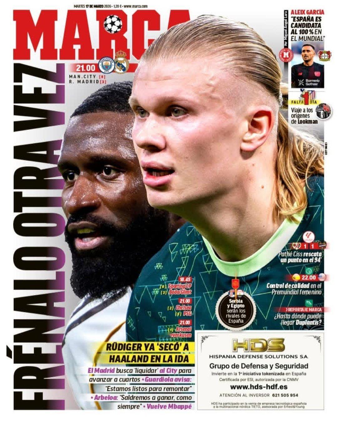 皇马《马卡》再阻止曼城一次吕迪格在首回合成功拦住了哈兰德皇马寻求耗尽曼城，晋级