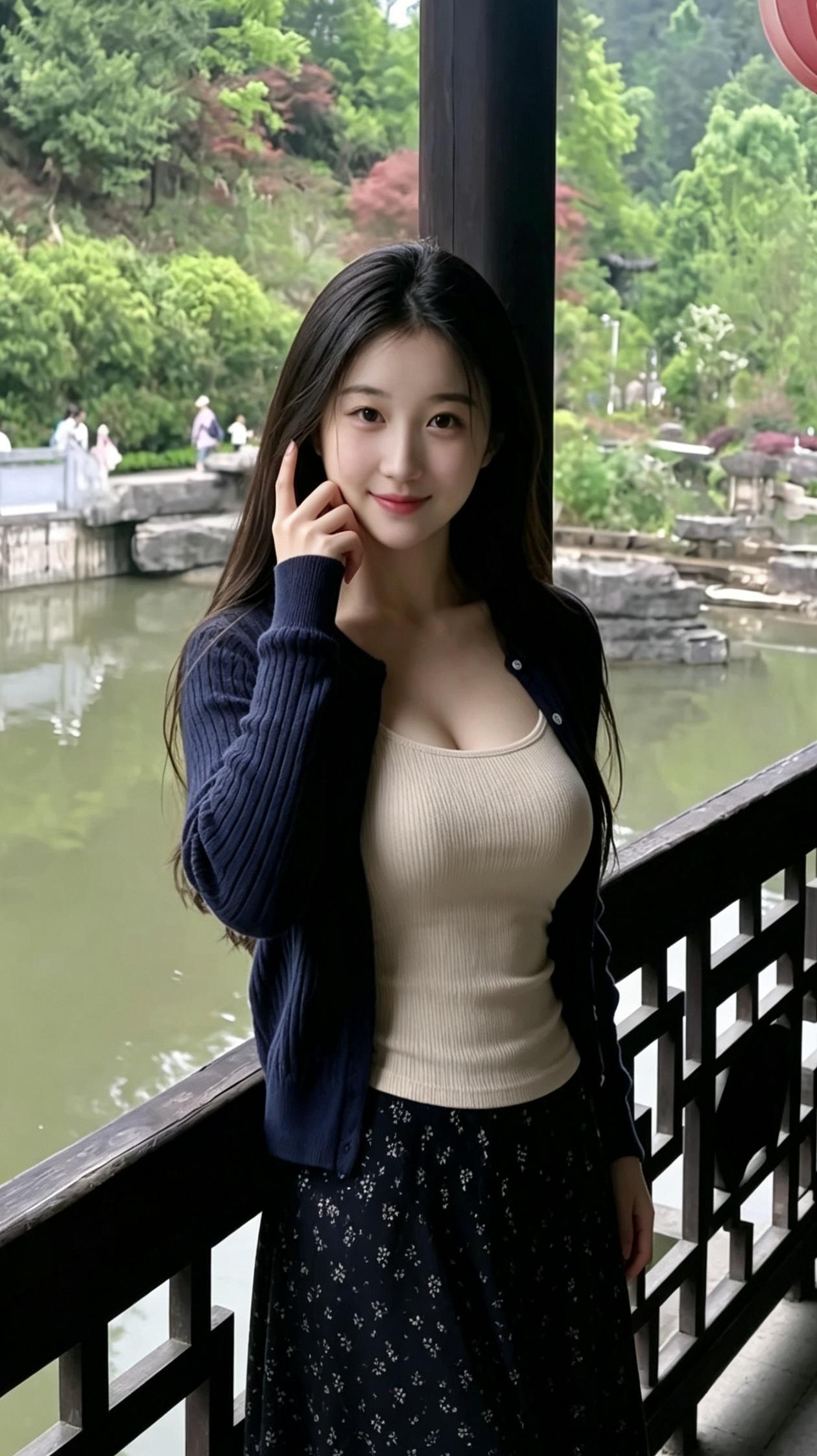 姑娘在风景秀丽的公园里拍照。