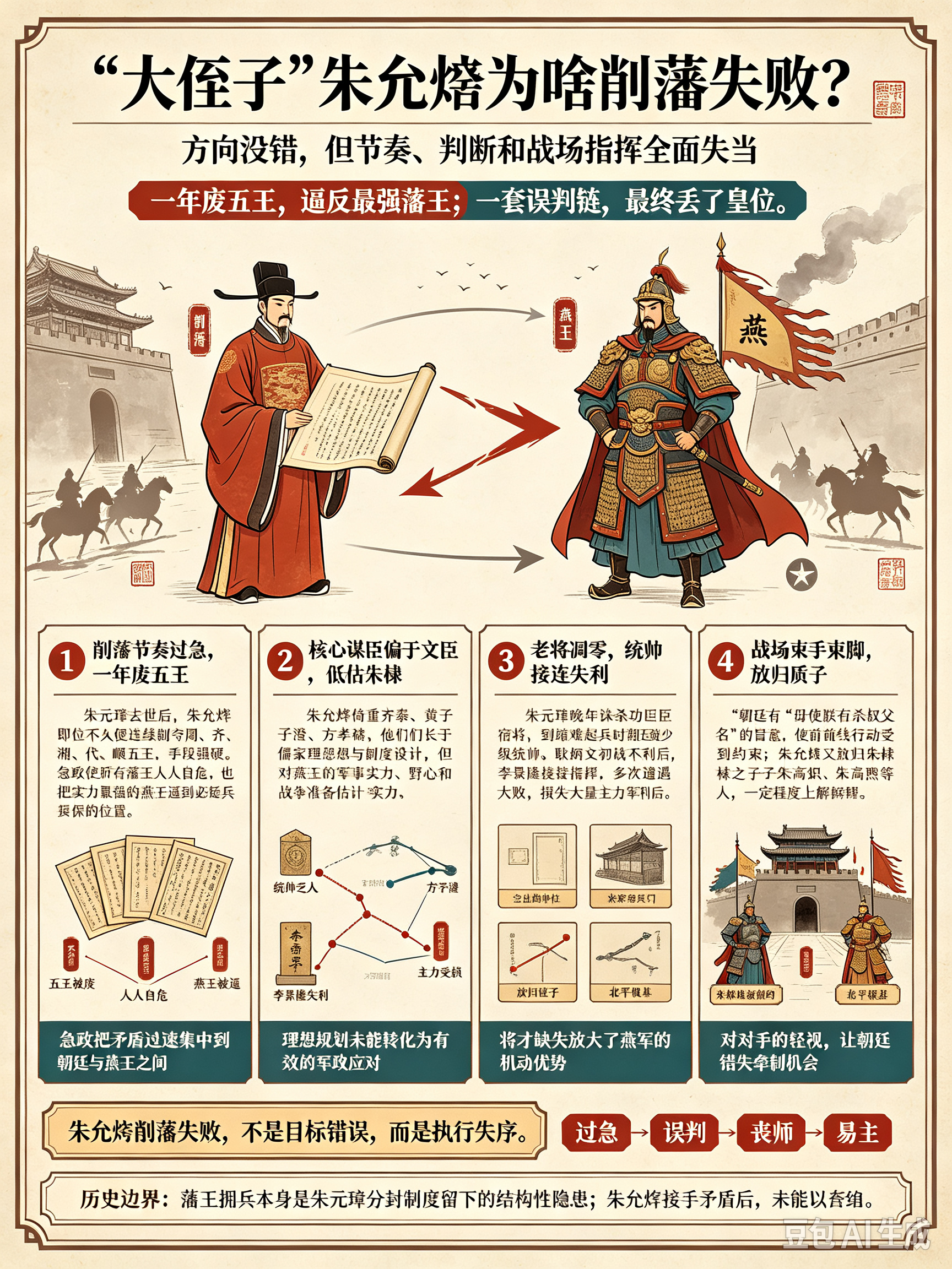 “大侄子”朱允炆为啥削藩失败?通俗解读：建文帝朱允炆，是朱元璋的孙子，也就是燕王朱棣的大侄子。他削藩