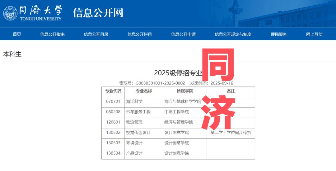 知名985高校，停招6个本科专业！同济大学要停招海洋科学、汽车服务工程、物流管理