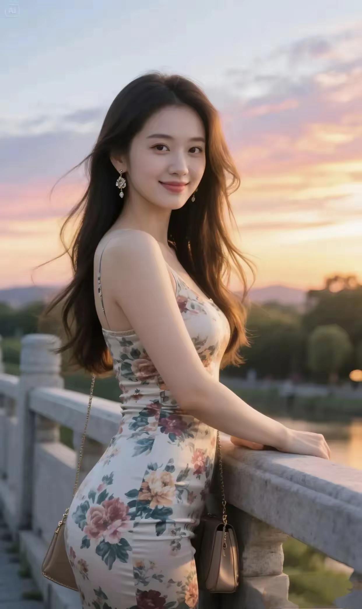 桥上佳人桥边倩影沐余晖，云鬓风梳笑靥飞。花色罗裙添秀色，嫣然一顾尽芳菲。