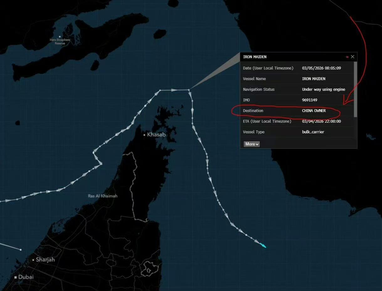 外网发布的船只AIS信号轨迹，3月5日凌晨左右，一艘名为“lronMaiden
