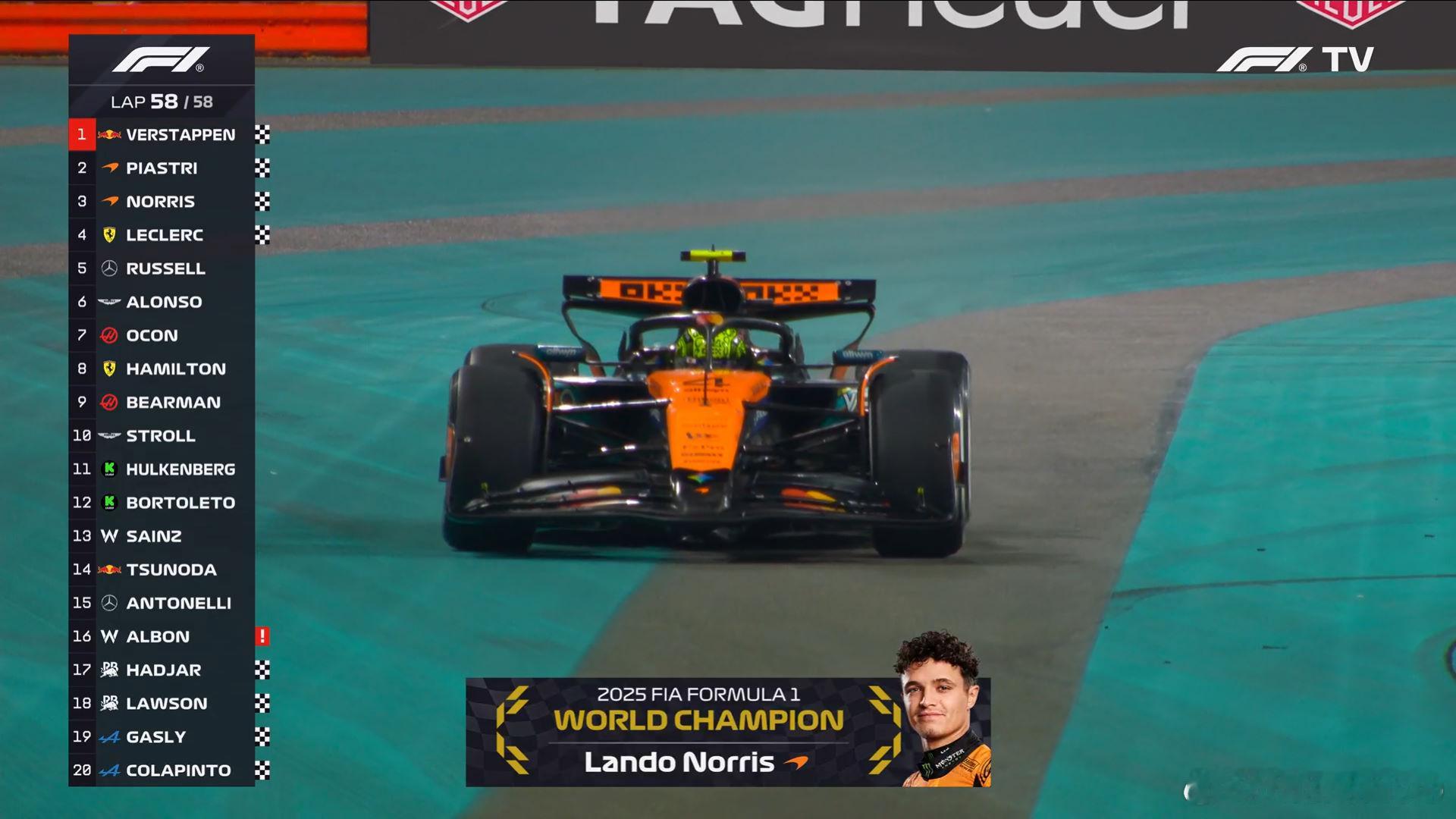 恭喜诺里斯！🎉三位车手诺宝、皮亚斯特里和潘子真的为大家奉献了一年非常精彩的比赛