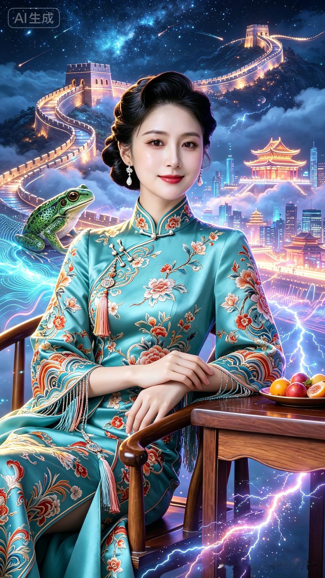 穿旗袍的女士坐在桌前，背景是长城和城市。