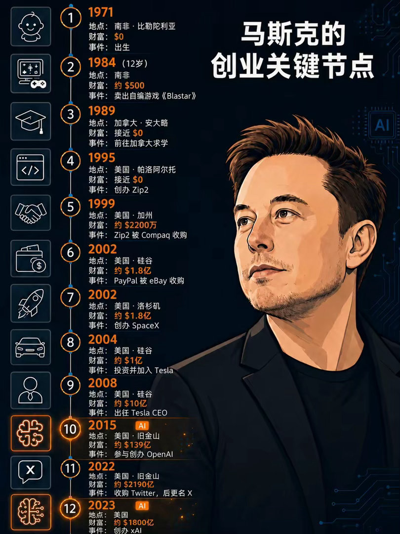 马斯克的一生都在创业的路上啊，从12岁开始就是了。