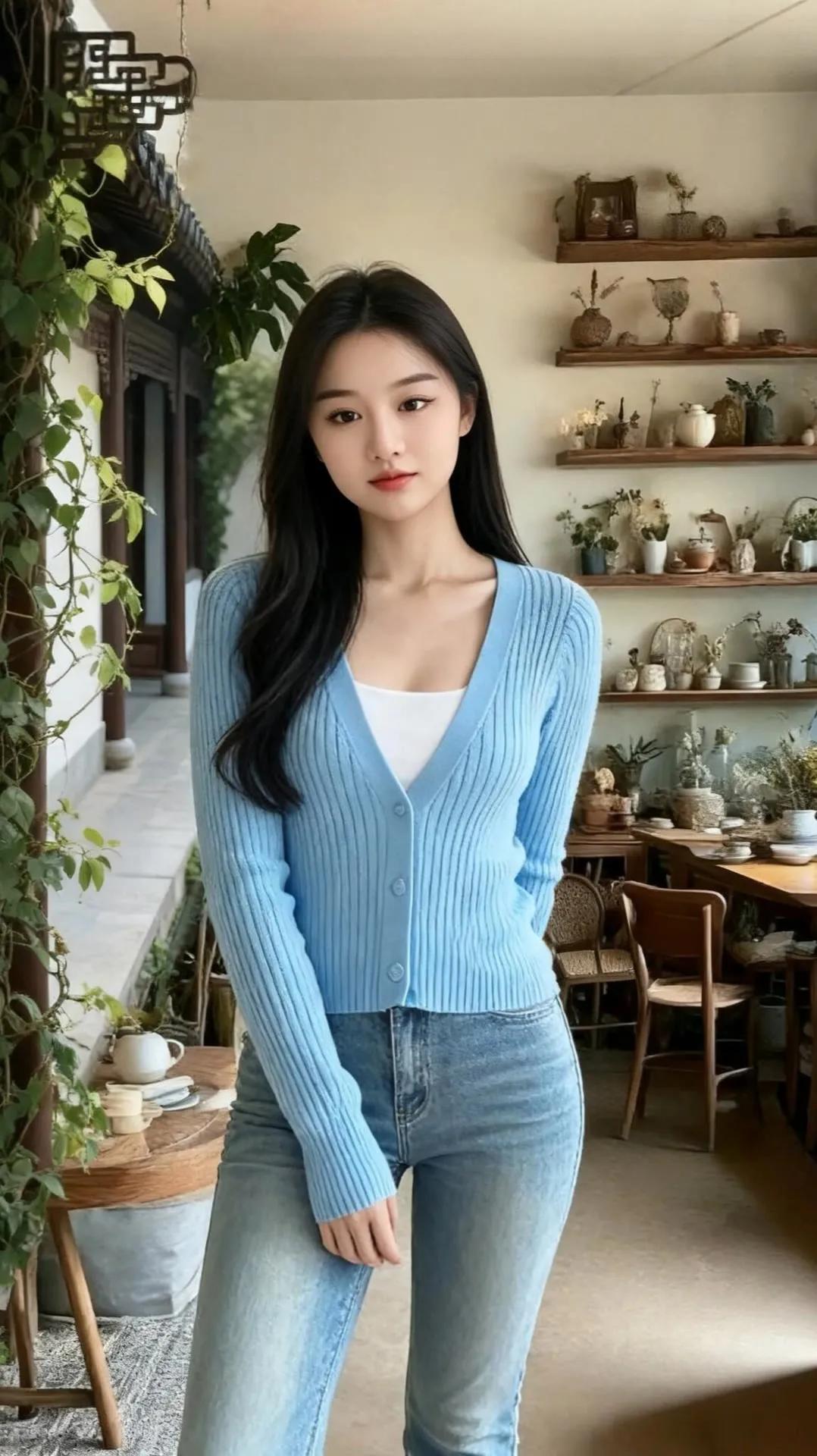 温柔蓝调，复古咖啡馆的清新穿搭祝粉丝们2026年元旦快乐