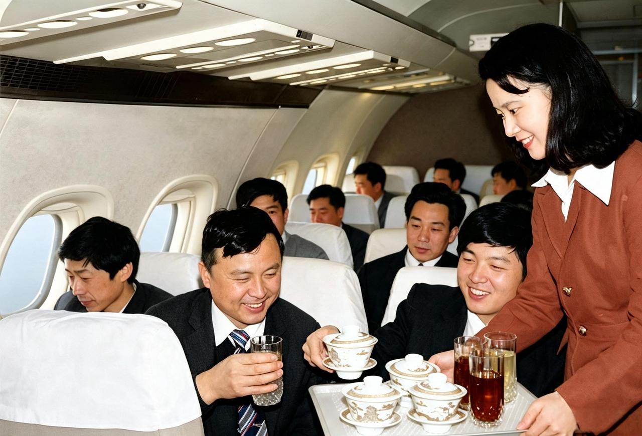 这是一九八四年左右北京联合航空公司飞机上一名空姐为乘客‌提供服务。可见，当时飞机