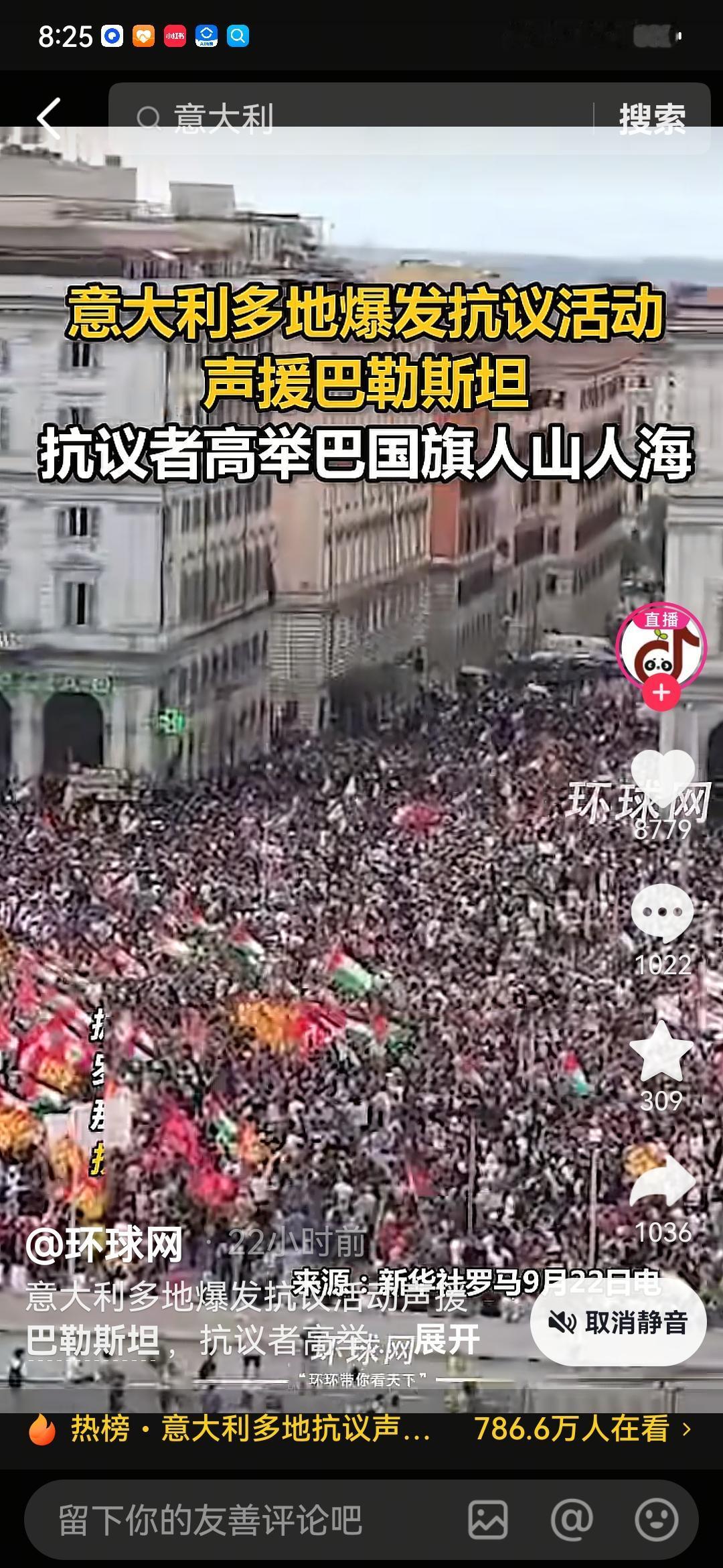 意大利的民众还在游行，抗议梅洛尼政府对巴勒斯坦建国的态度。意大利是一个爱好和平