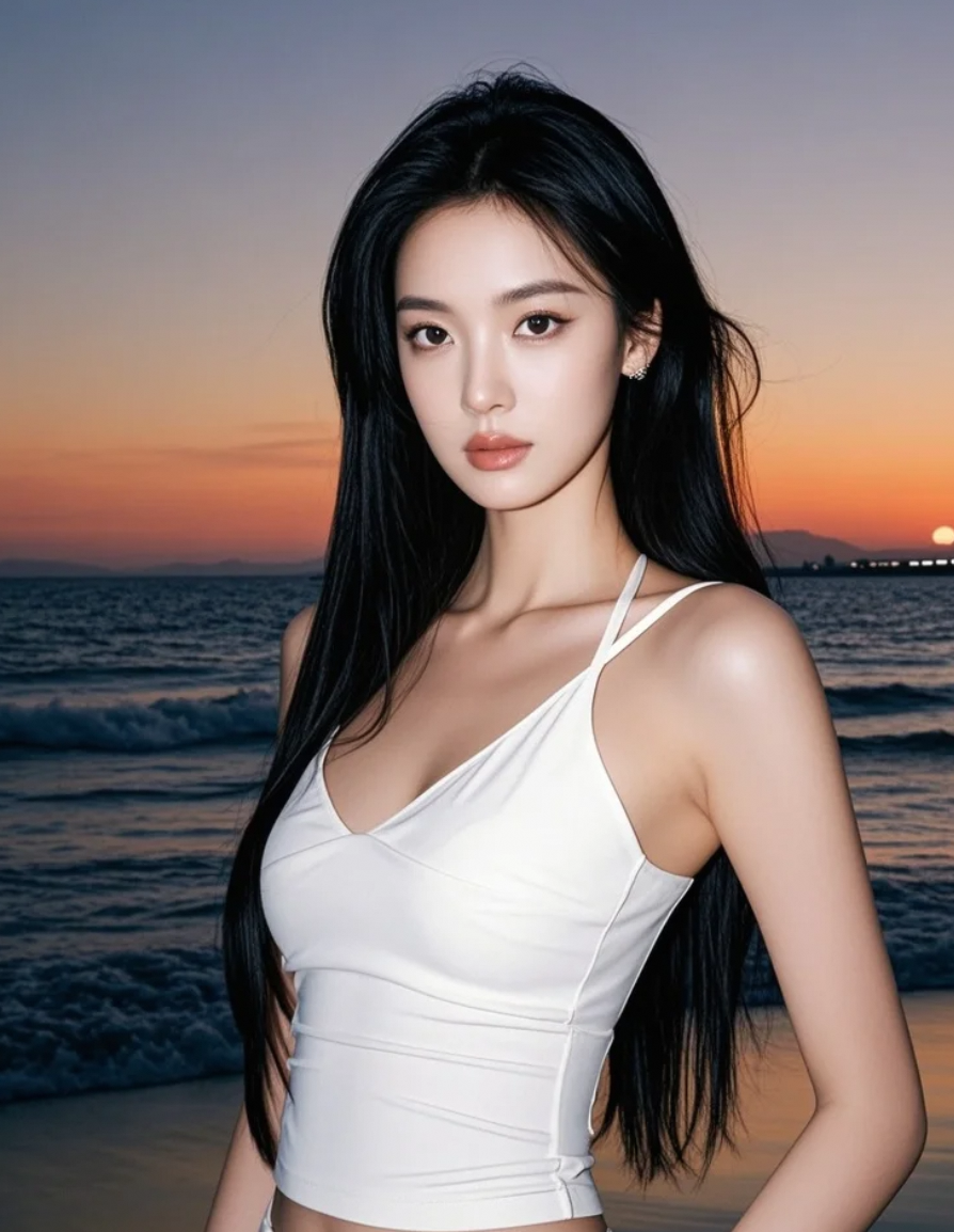 她穿着舒适，走在海边，眼里全是自由