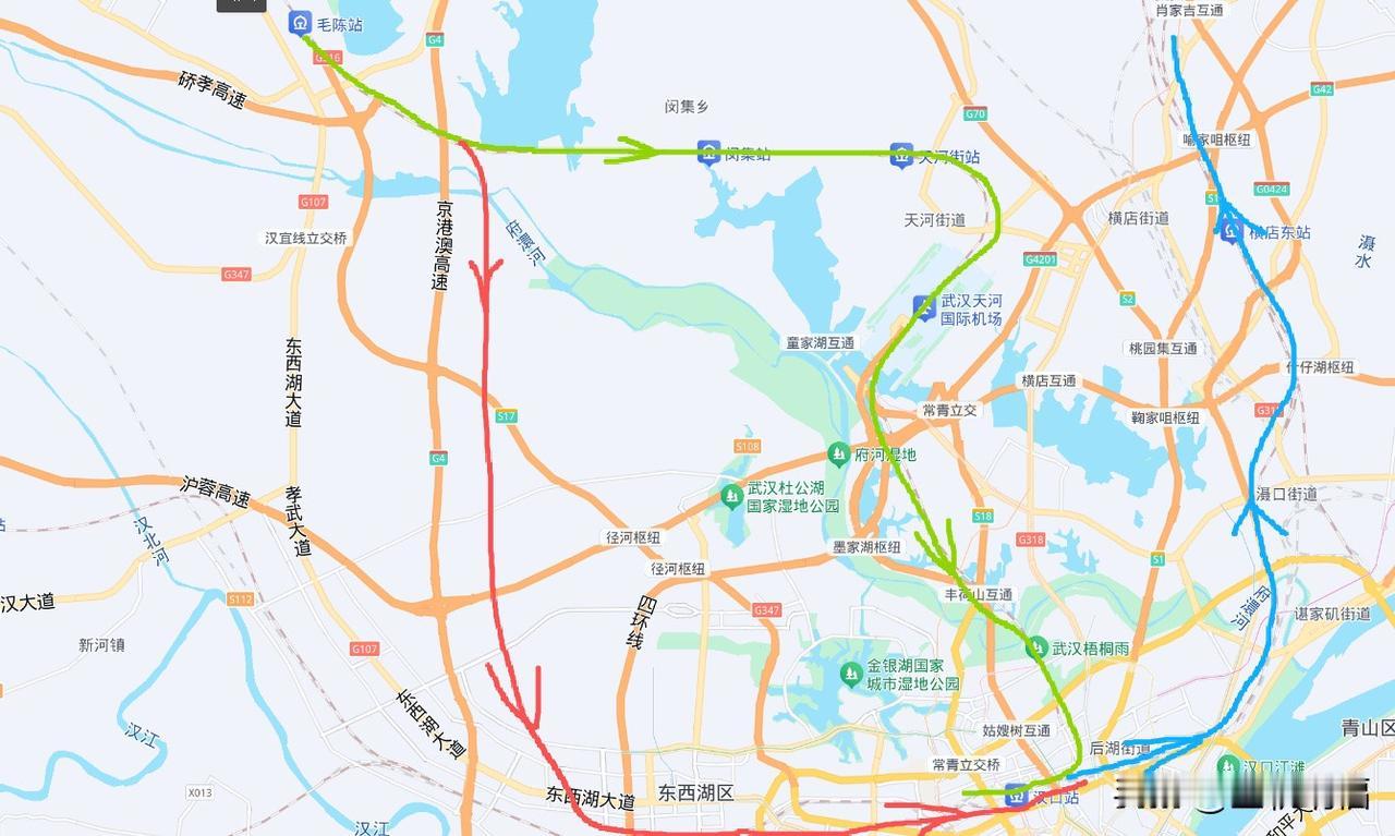 汉十高铁如果可以这样进汉口站绿色：汉孝城际铁路，七拐八弯速度慢，手机信号还差，