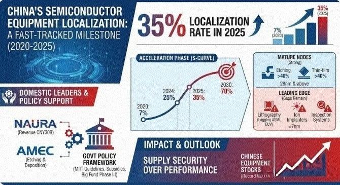 据韩国商业邮报报道：尽管美国实施了严格的出口管制，中国半导体设备的国产化率已超