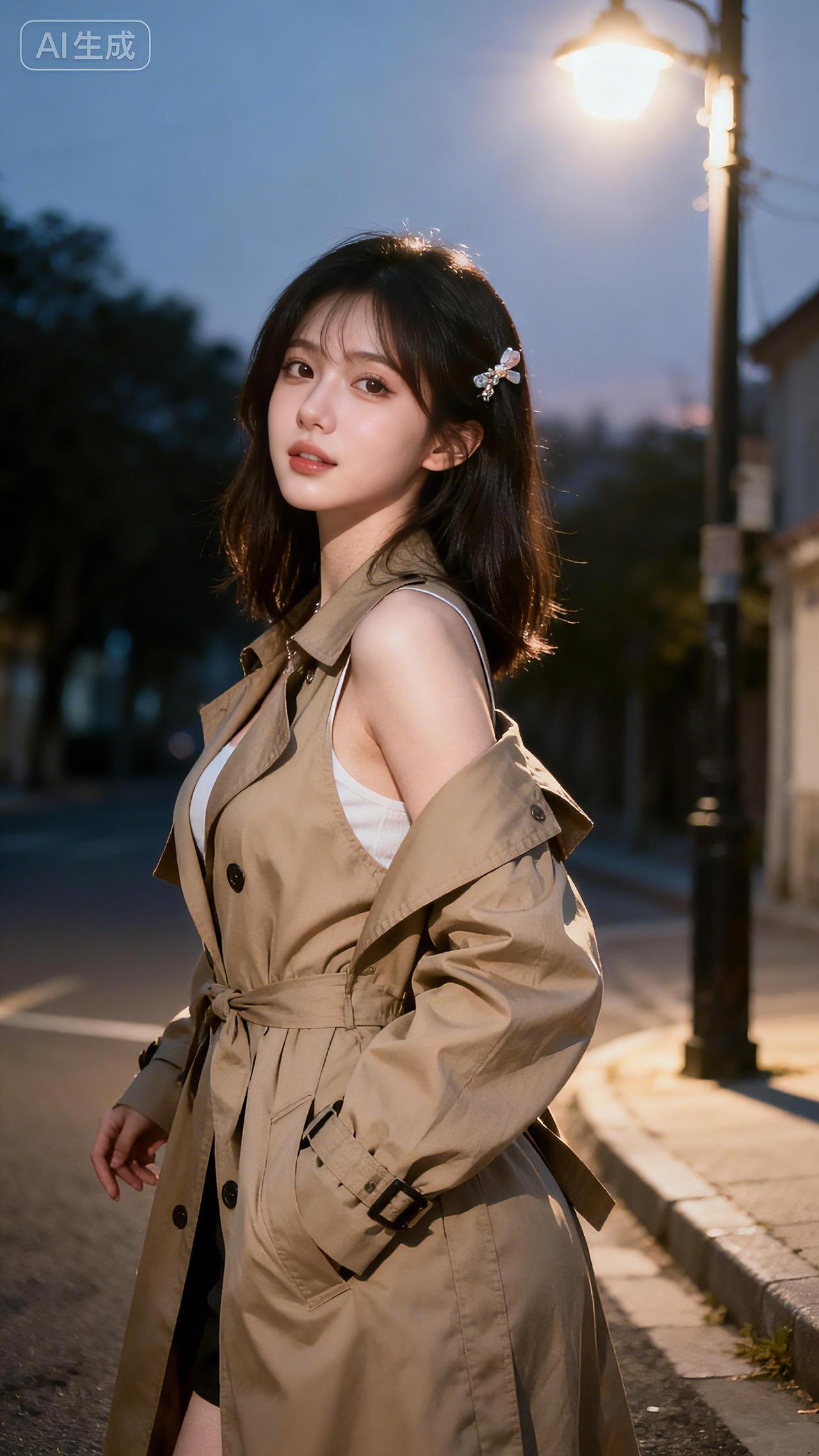 风衣微卷步轻盈，灯火阑珊夜色凝。豆包壁纸