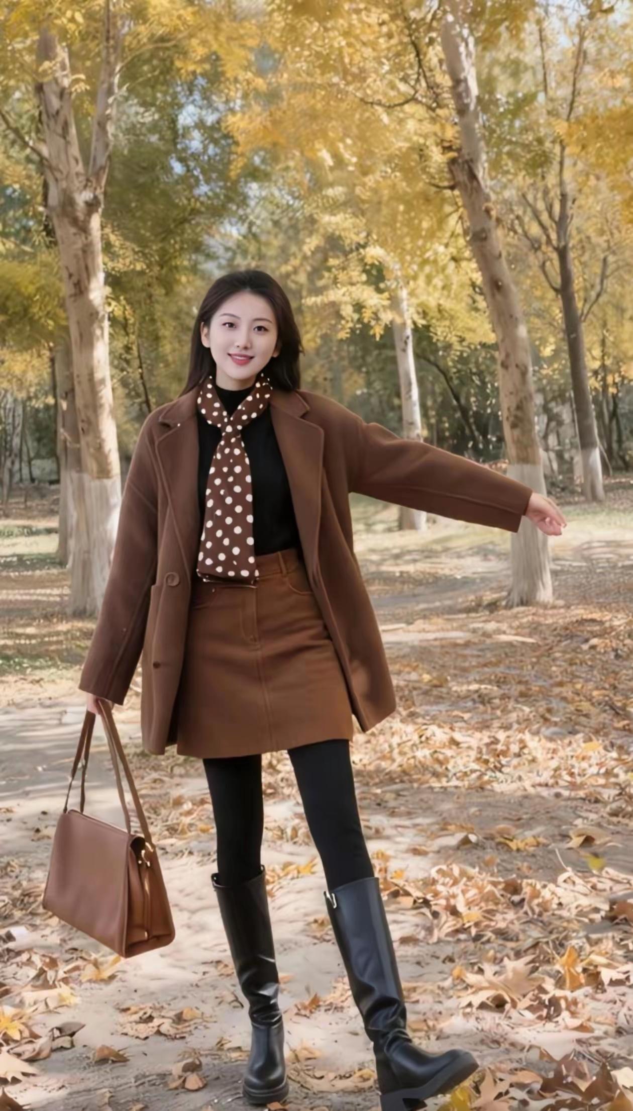 秋日穿搭指南：棕色大衣+波点围巾，温暖又时尚！