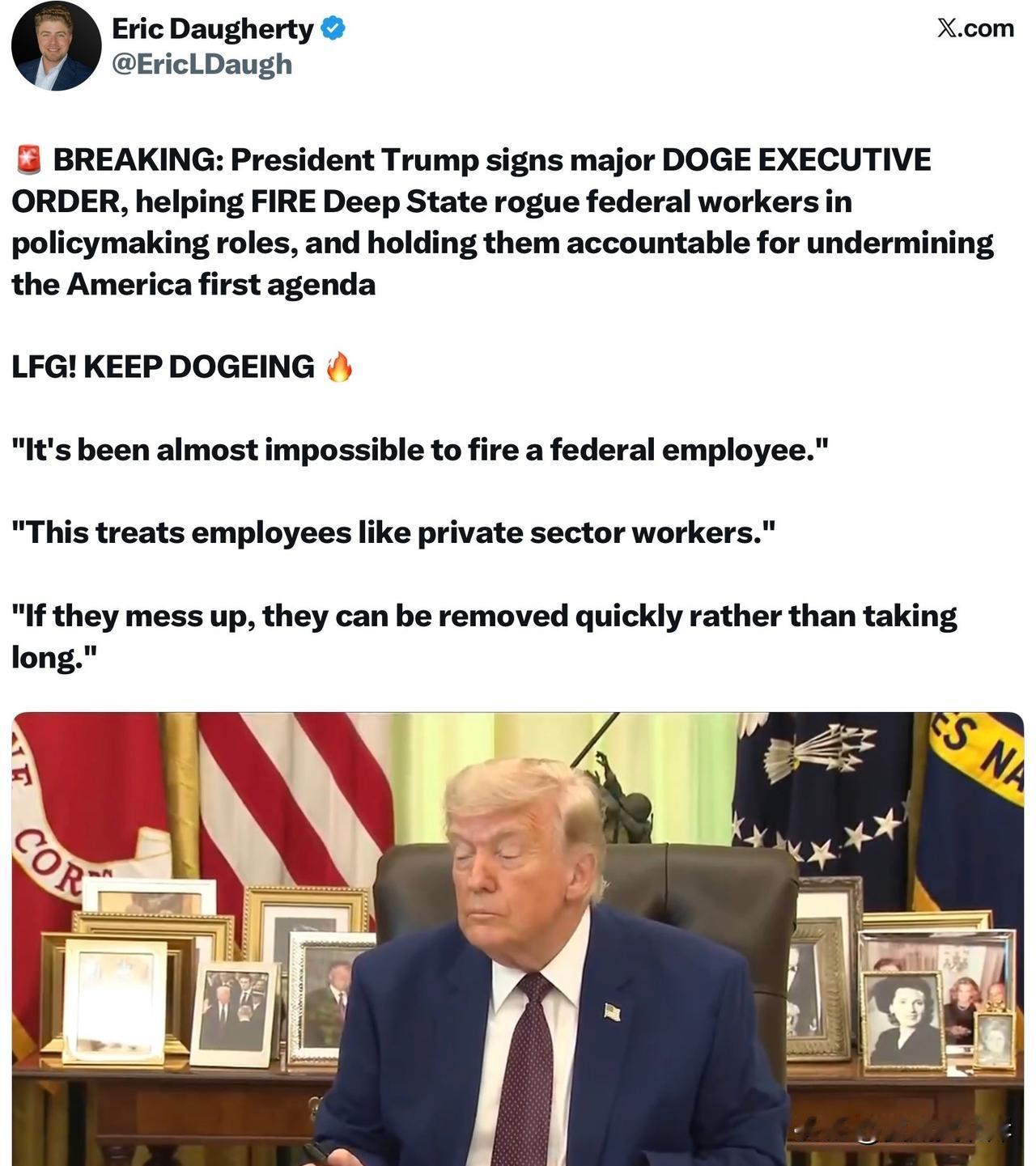 突发快讯：川普总统签署一项重磅DOGE相关行政令，以此推动解雇在政策制定岗位上、