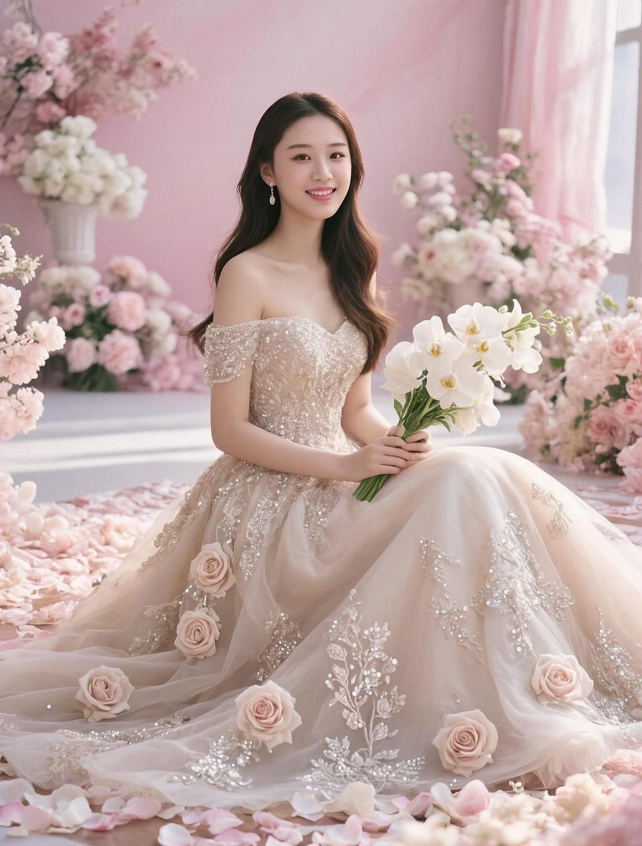 在柔和的灯光下，她仿佛是童话中的公主，身着华丽的婚纱，被鲜花环绕。每一片花瓣都像