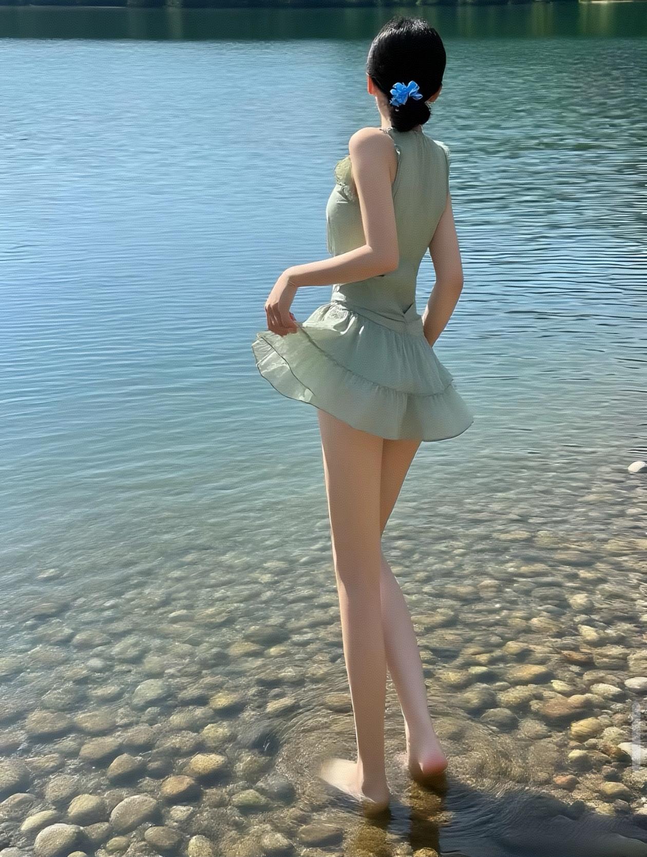 夏日湖畔，轻盈舞步，绿裙飘飘，蓝花点缀，宛如仙子。