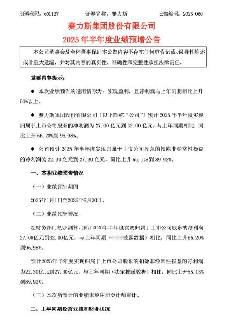 赛力斯发布了2025年上半年业绩报告。预计2025年上半年归属于上市公司股东的