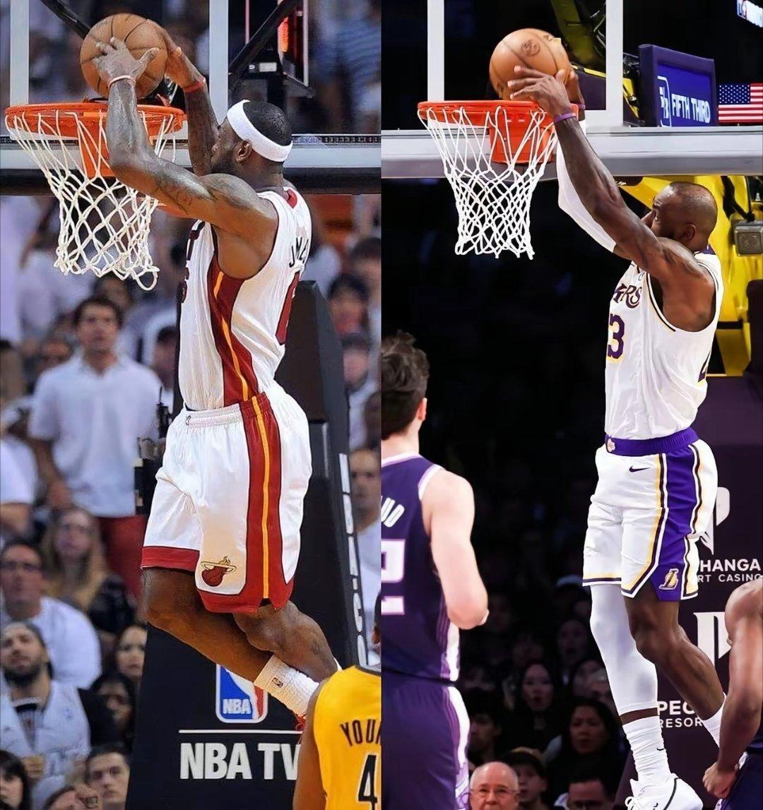 美媒晒图，詹姆斯41岁生日当天，同一个扣篮动作，弹跳高度差了整整30公分。热火时