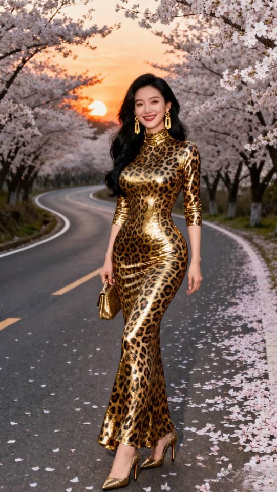 气质高雅的豹纹连衣长裙美女。气质豹纹裙子连衣裙