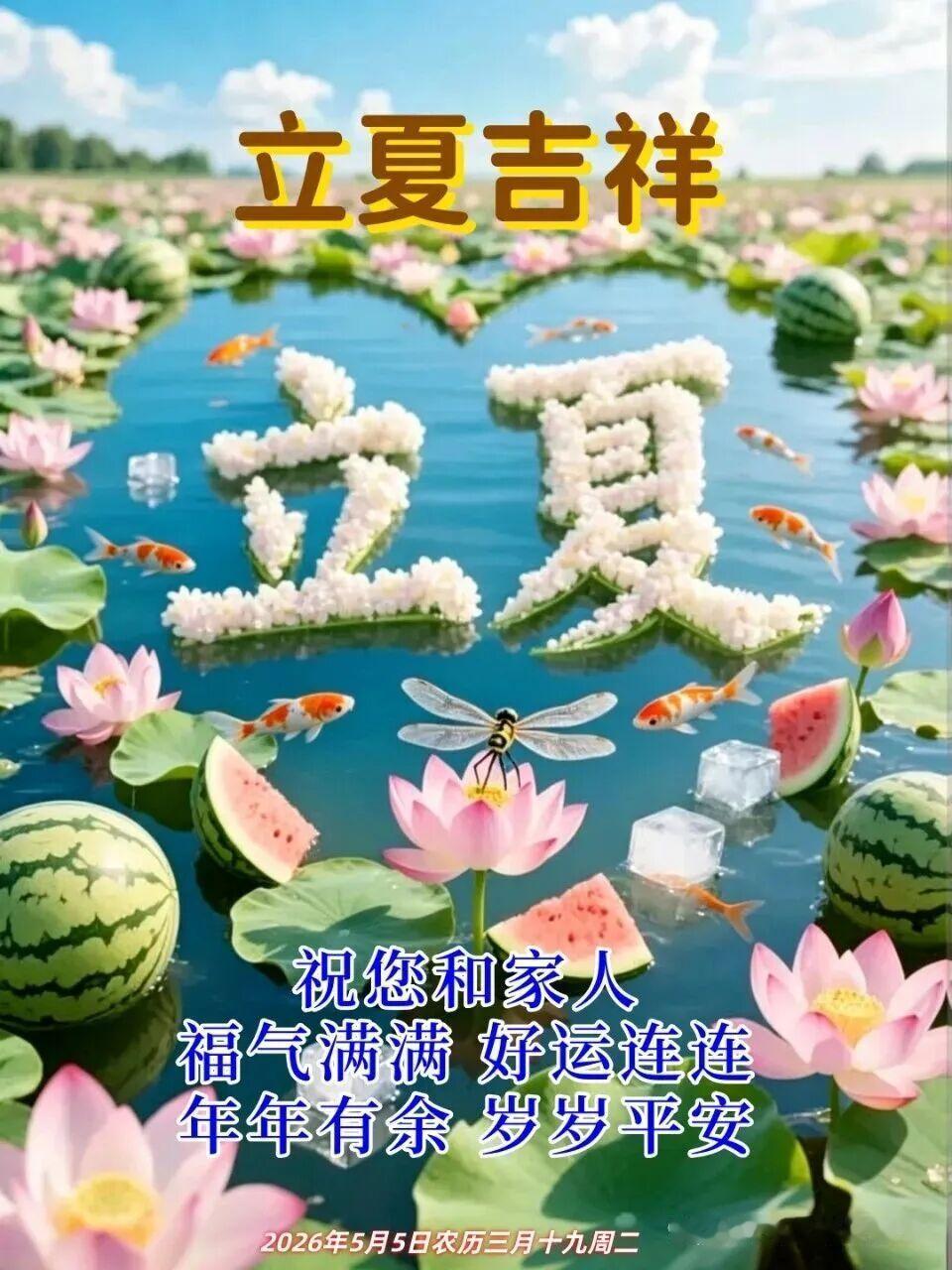 春风落幕，夏光启程；万物繁茂，蝉鸣渐起；恰逢立夏，浅夏安然。愿夏日清风拂面，万事