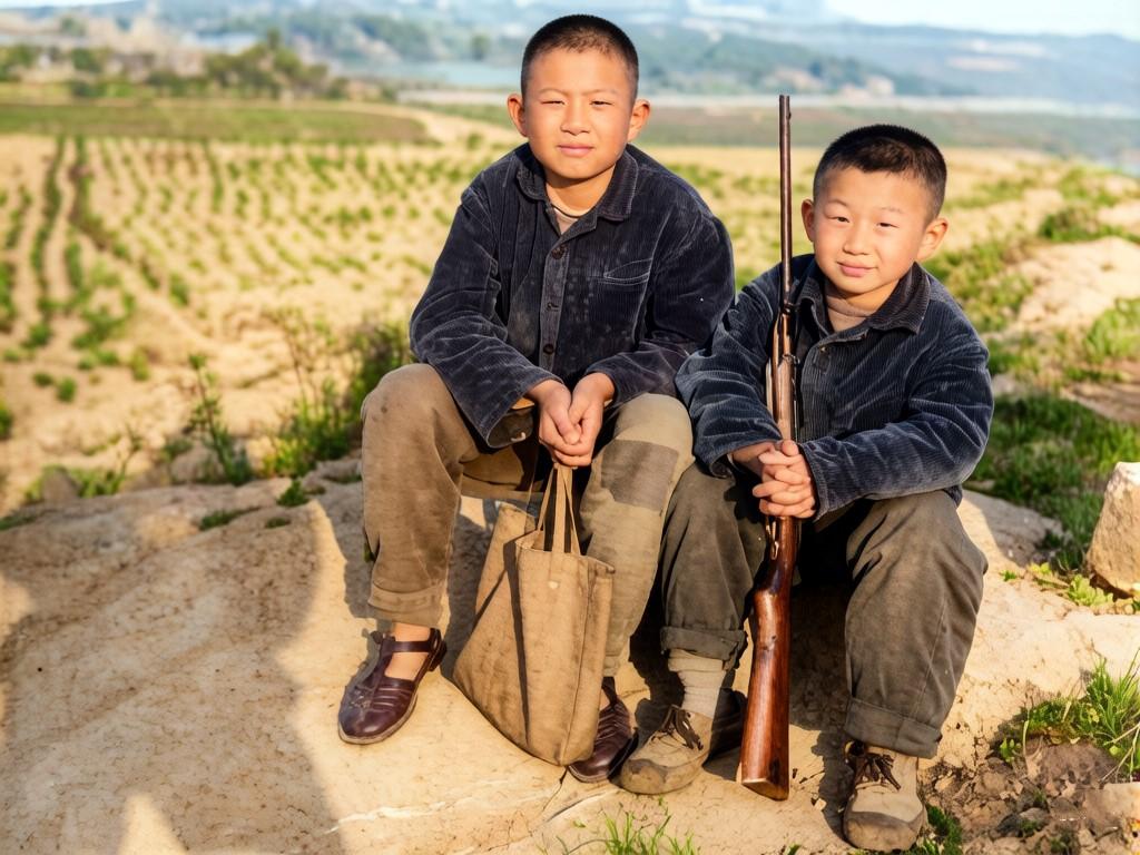 1970年代，坐在路边休息的一对小兄弟。兄弟俩都穿着灯芯绒外套。哥哥手里拎着