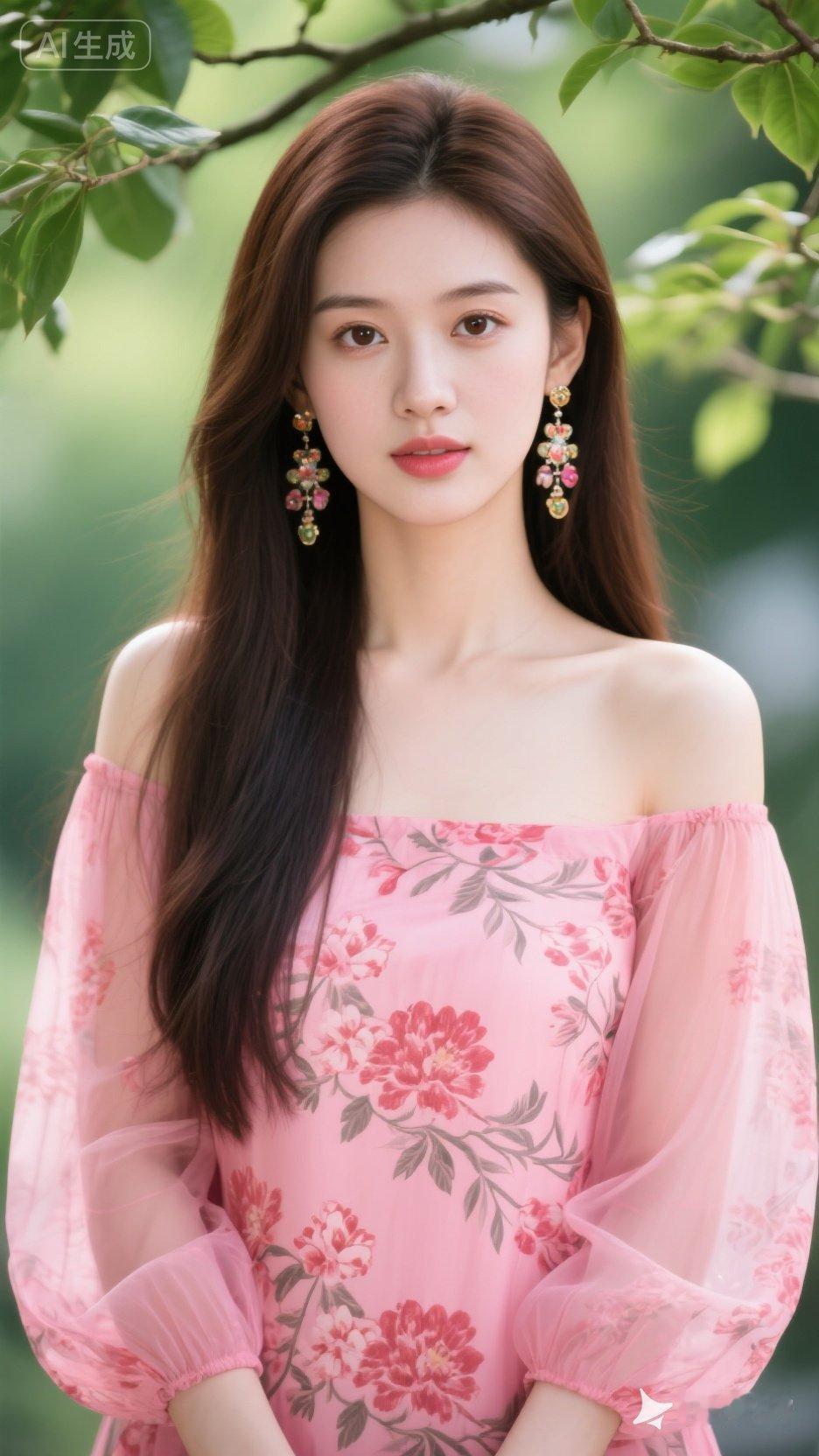 粉色花裙少女，清新自然，甜美动人