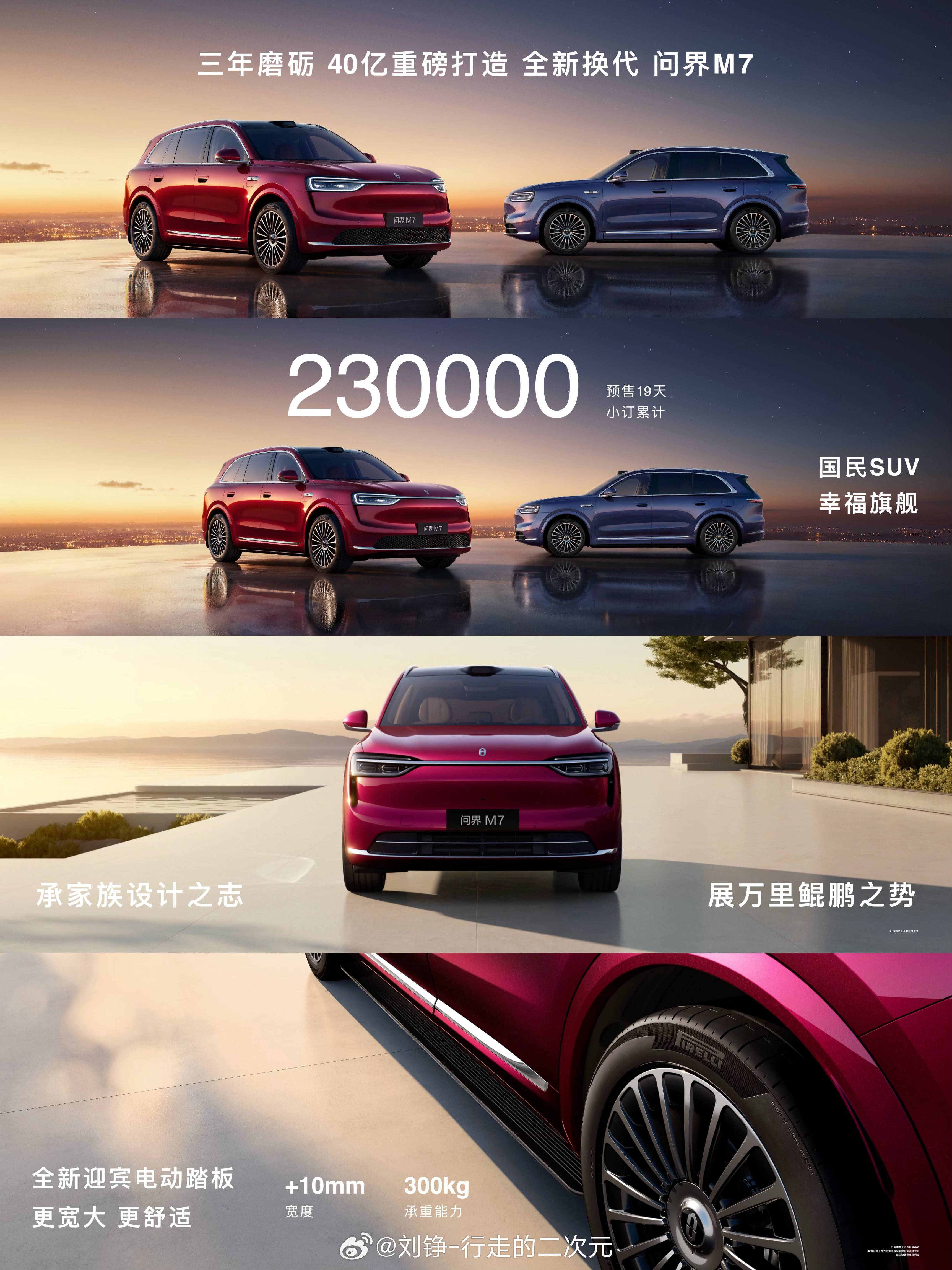 今晚的发布会全新问界M7新增珊瑚红、海岛蓝与暖云白三款车色，珊瑚红采用纳米级透