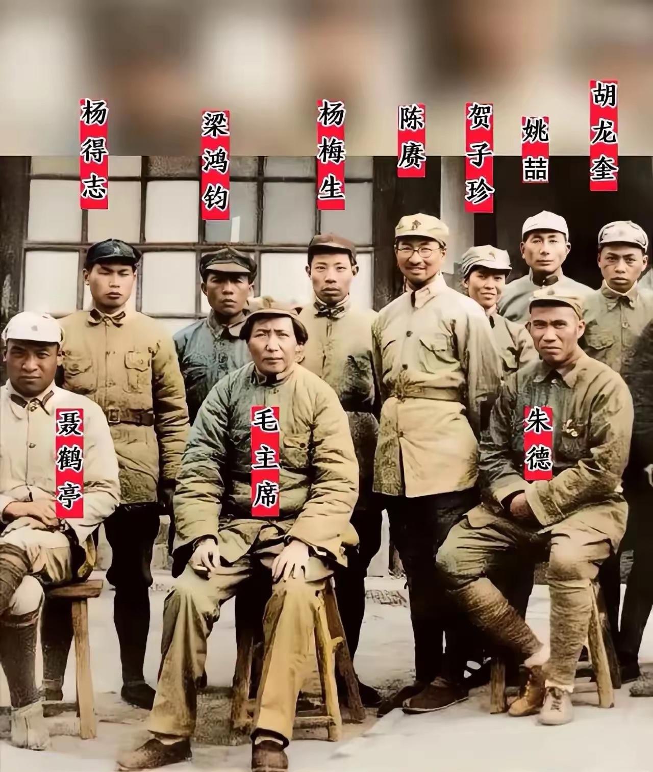 这张照片里，毛主席和朱老总端坐中央，身边围坐着杨得志、陈赓、贺子珍等一众开国元勋