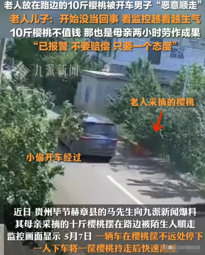 “这筐樱桃是我妈顶着太阳摘了两小时的，你们年轻人咋能这么缺德？”贵州，马先生盯着