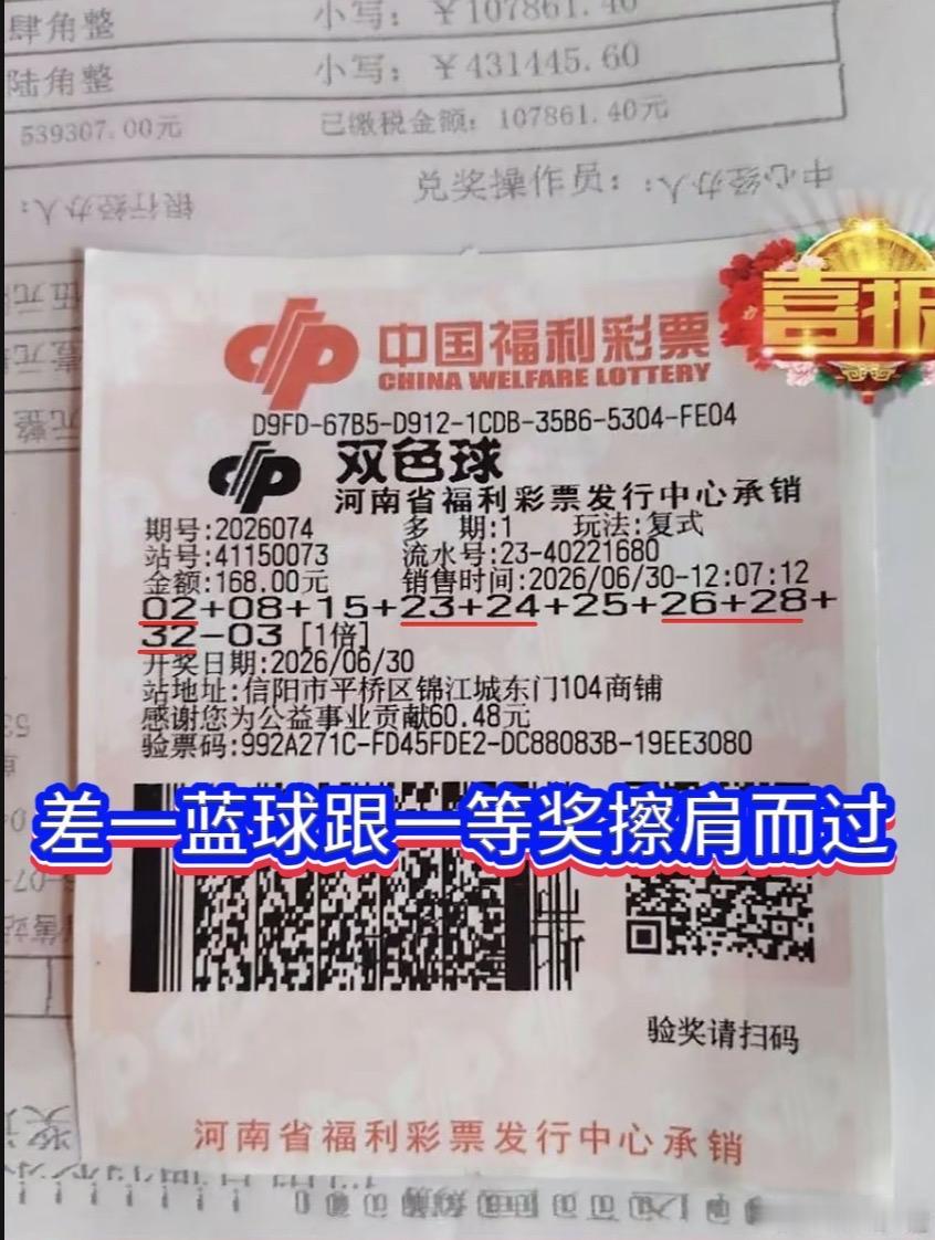 差蓝号憾失827万头奖！河南彩民拿下53万二等奖双色球26074期开奖尘埃落
