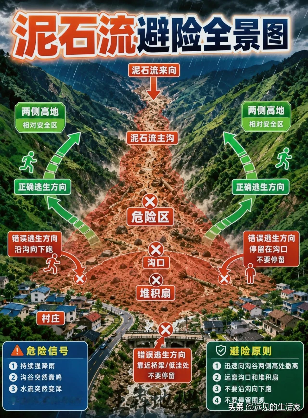 遇上泥石流千万别顺着沟往下跑！一张图看懂正确逃生路线！汛期降雨多发，山区最凶