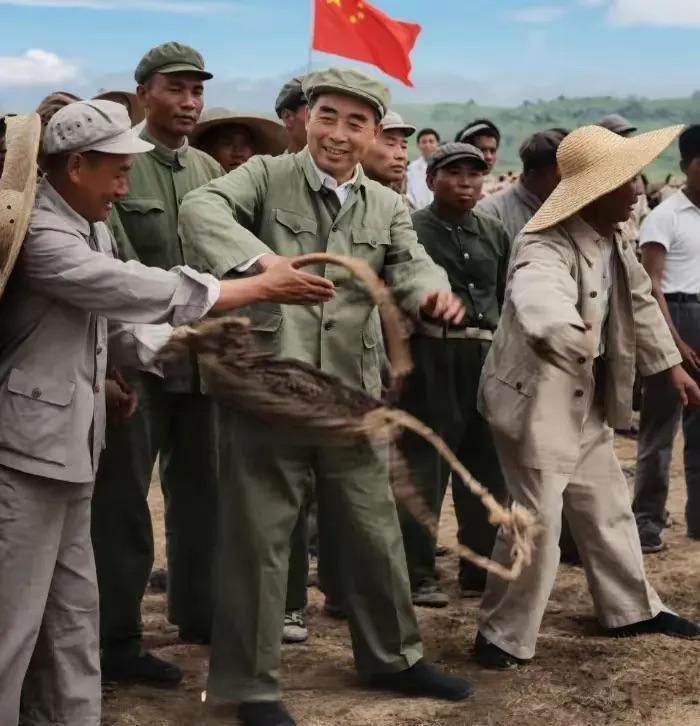 周总理与群众在一起，参加大生产！老照片