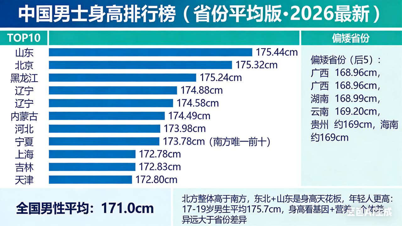 中国男士身高排行榜（省份平均版）全国男性平均：171.0cm🏆身