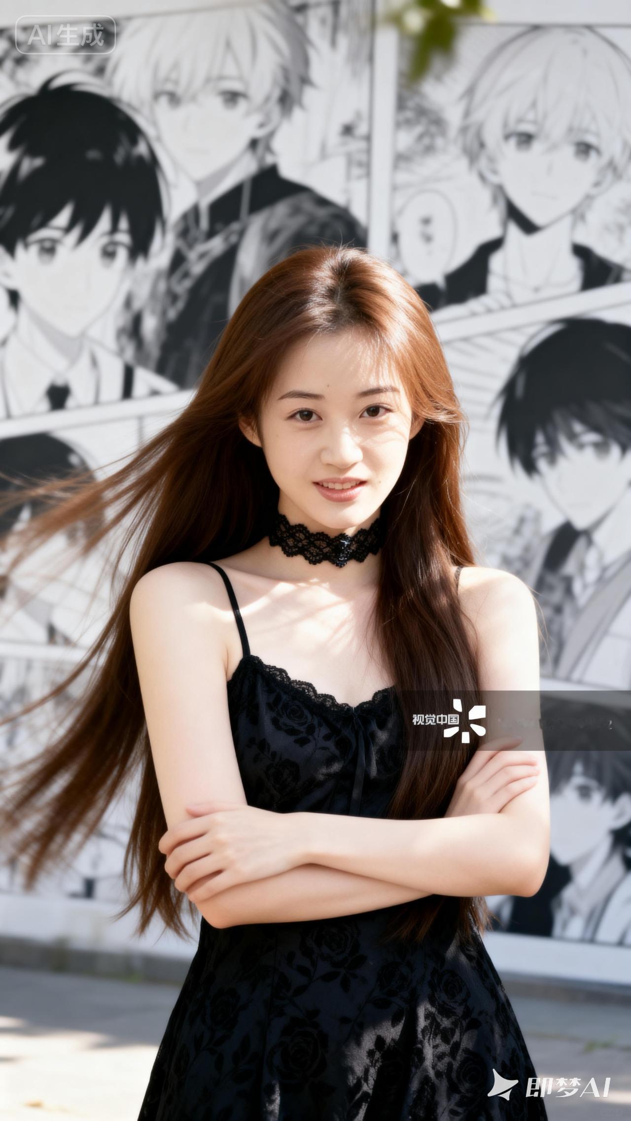 黑发少女与动漫背景的完美融合，复古与现代的碰撞！