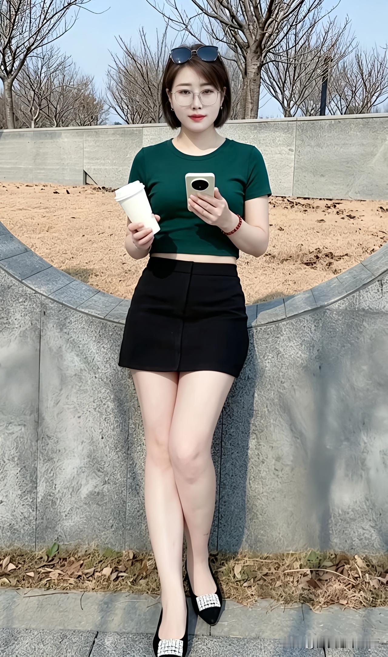 都市时尚少女，绿衣黑裙，咖啡相伴，享受美好时光
