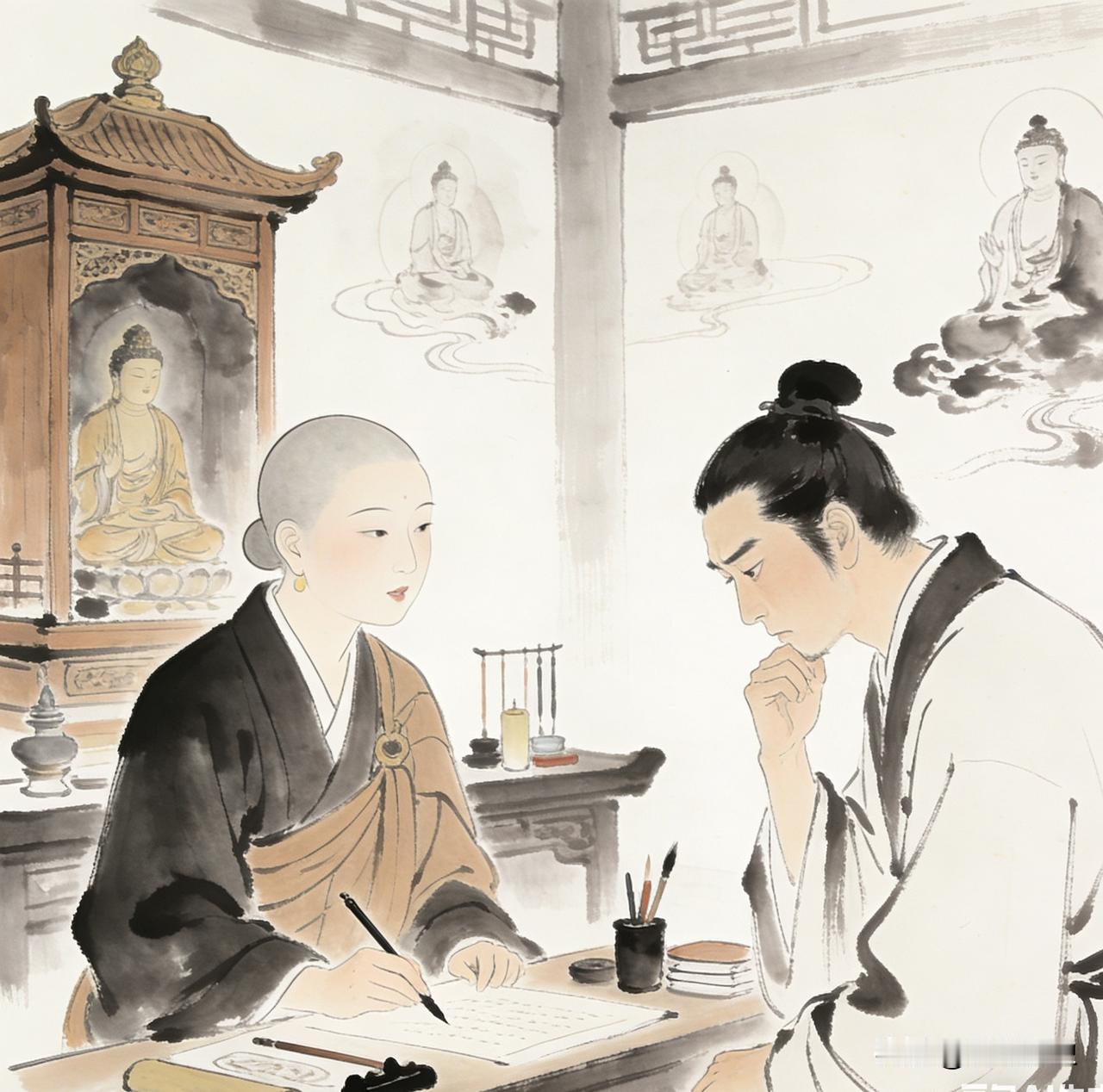 有个秀才赶考前去庙里烧香，见佛堂里有个尼姑正在抄经，便凑过去搭话：“师太这般才貌