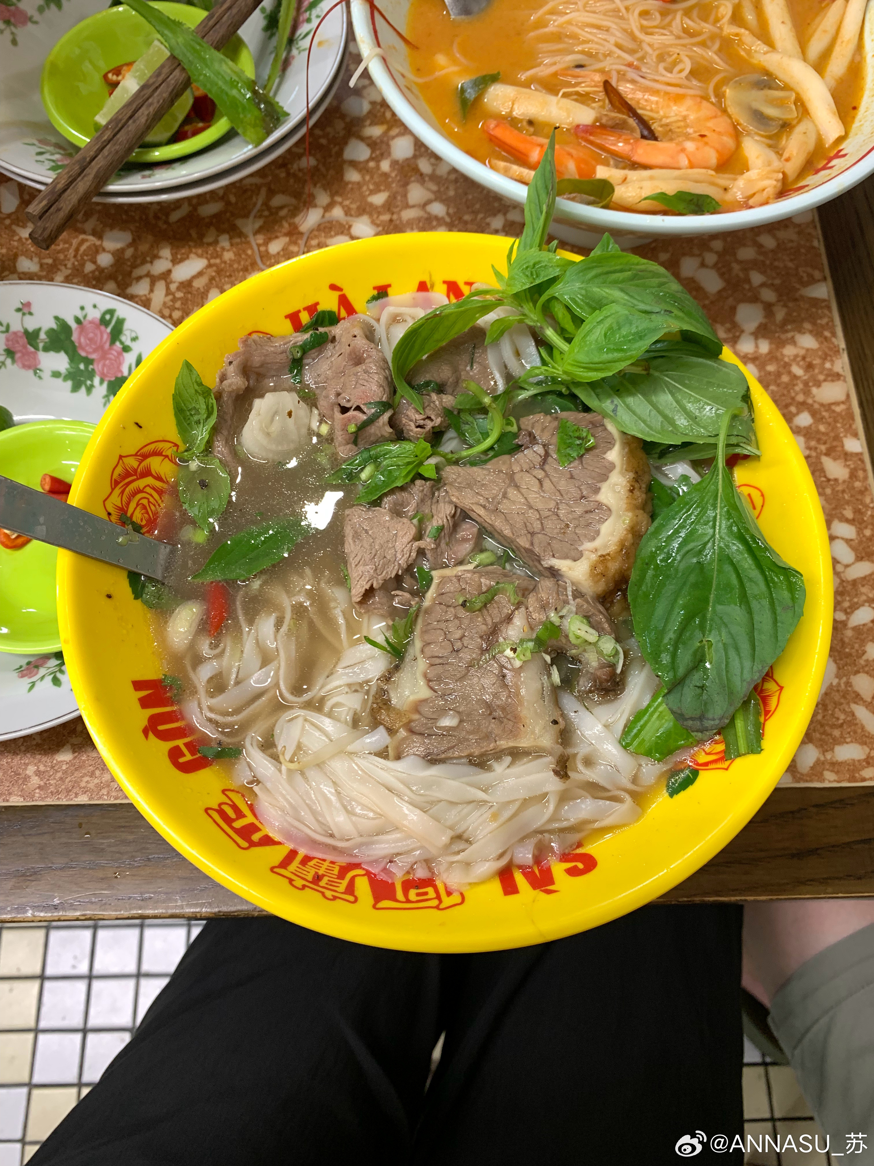 百年前潮汕人下南洋把九层塔种子带去了泰国播种，所以泰式牛肉粉也有了潮汕同源的饮食